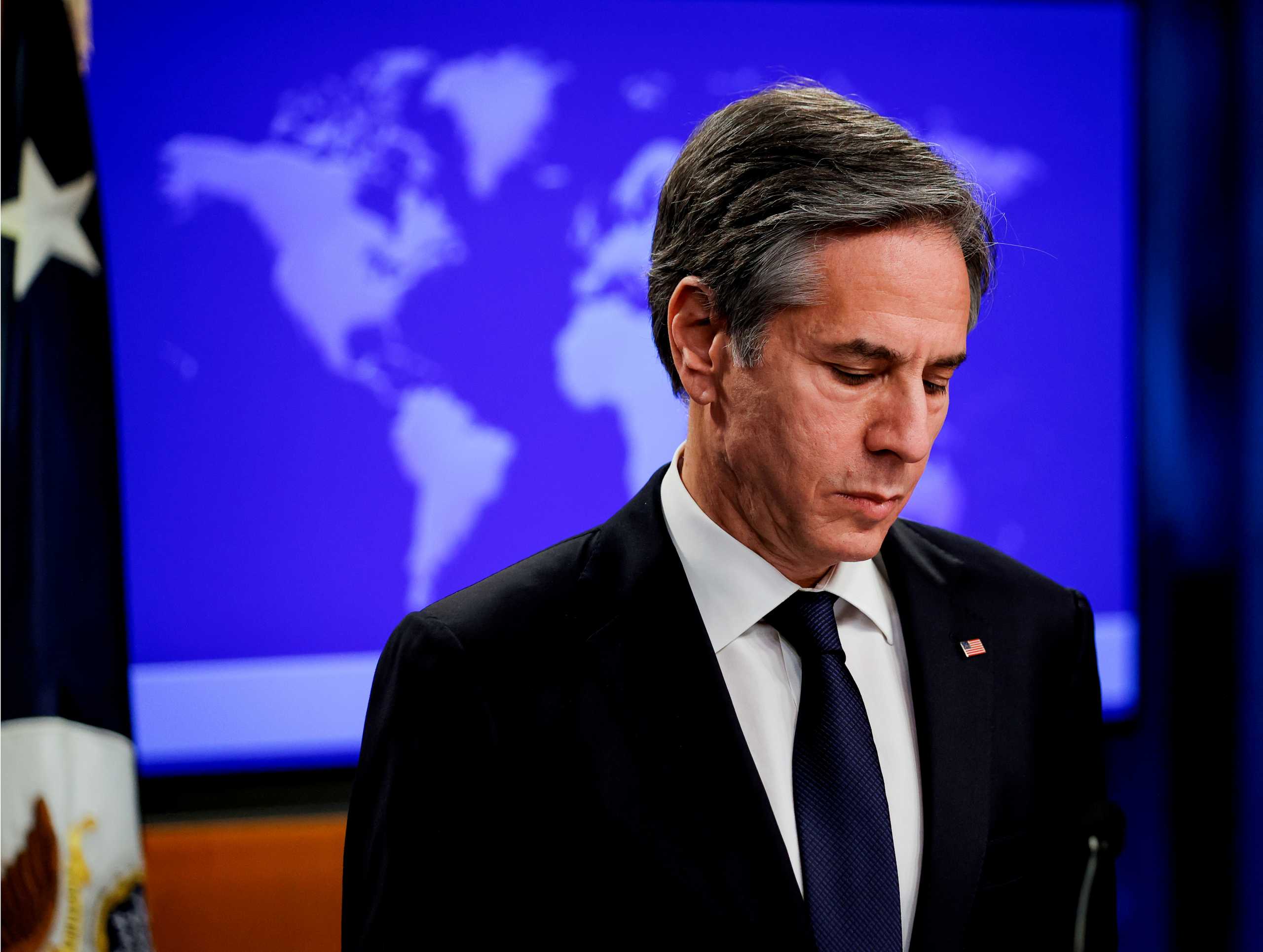 Newly confirmed U.S. Secretary of State Antony Blinken takes questions during his first press briefing at the State Department in Washington, U.S., January 27, 2021. REUTERS