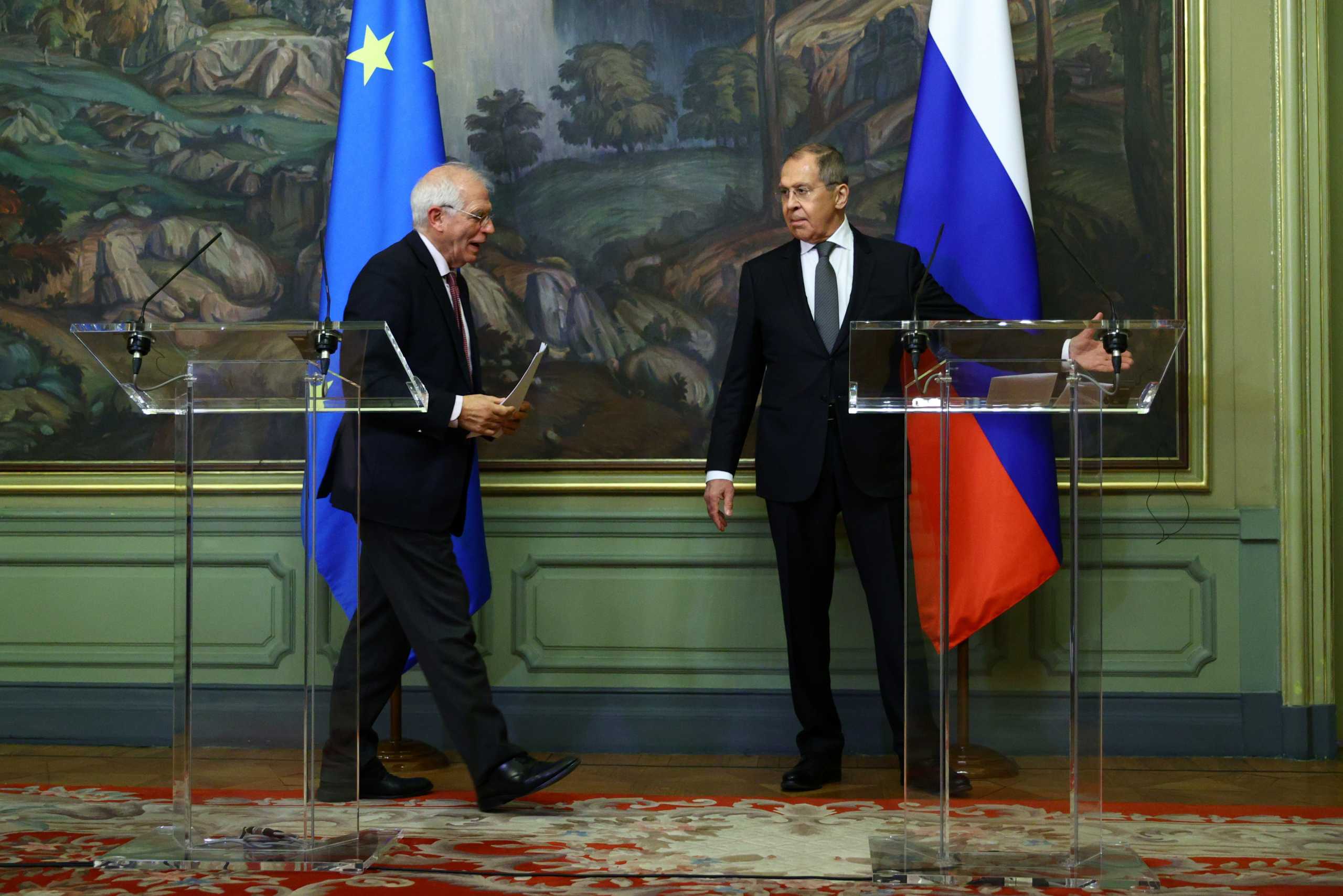 Russia's Foreign Minister Sergei Lavrov and European Union's foreign policy chief Josep Borrell attend a news conference following their talks in Moscow, Russia February 5, 2021. Russian Foreign Ministry
