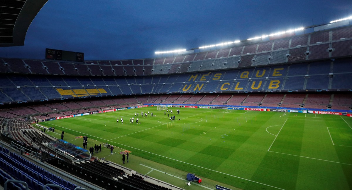 Soccer Football - Champions League - Paris St Germain Training - Camp Nou, Barcelona, Spain - February 15, 2021 General view inside the stadium during training REUTERS