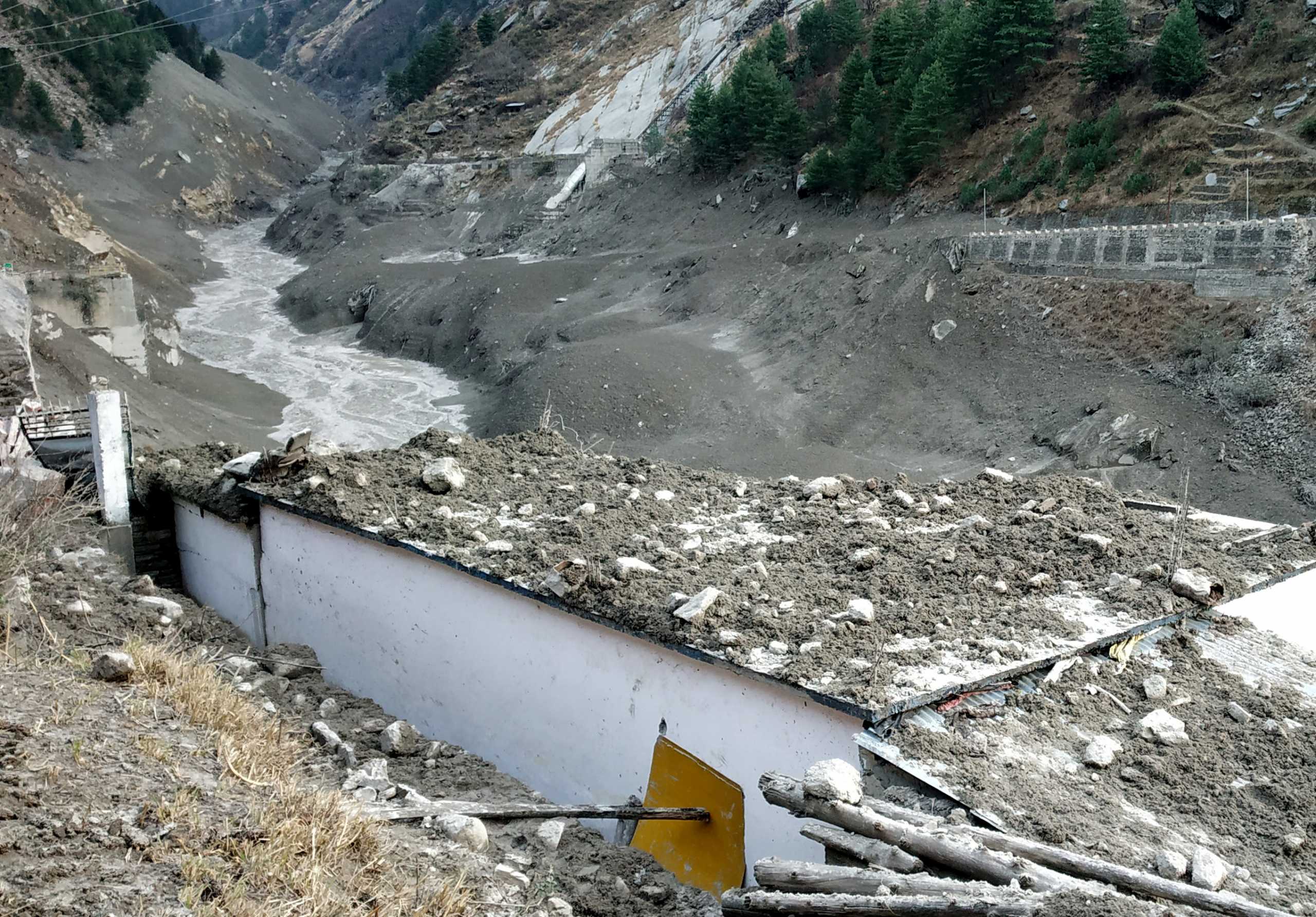 A view shows damage after a Himalayan glacier broke and crashed into a dam at Raini Chak Lata village in Chamoli district, northern state of Uttarakhand, India, February 7, 2021. REUTERS