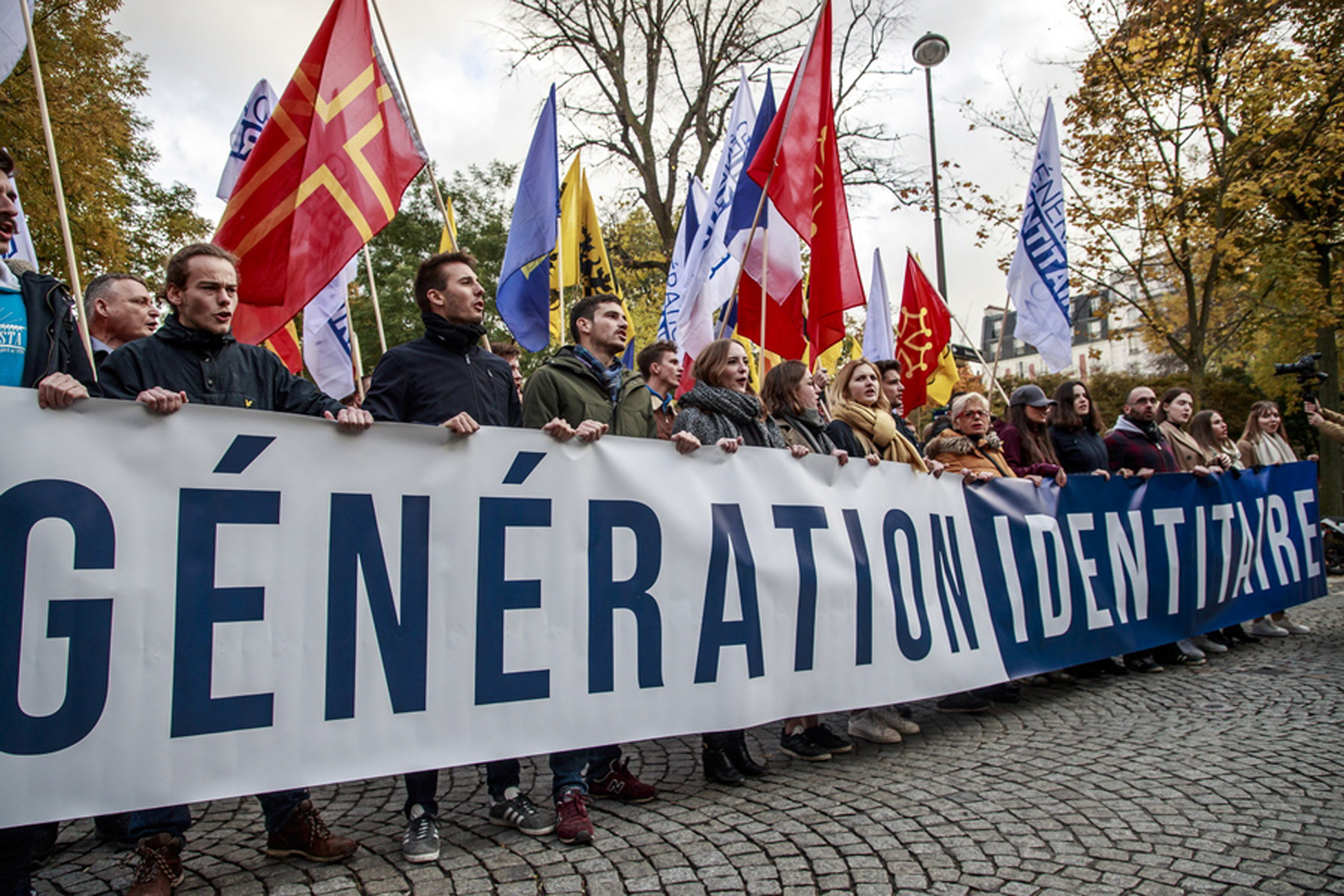 epa08003921 Members of far right group Generation Identitaire (GI), march during a demonstration against 'Islamization and terrorism' in Paris, France, 17 November 2019. 'Generation Identitaire' group is known to organize actions against migrants or the Muslim community in France.  EPA