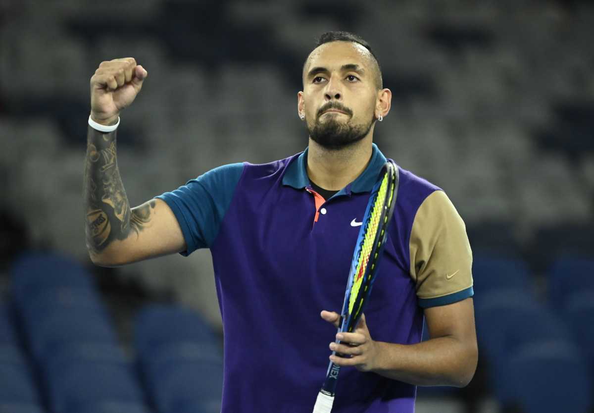 Tennis - Australian Open - Melbourne Park, Melbourne, Australia, February 8, 2021 Australia's Nick Kyrgios celebrates winning his first round match against Portugal's Frederico Ferreira Silva REUTERS