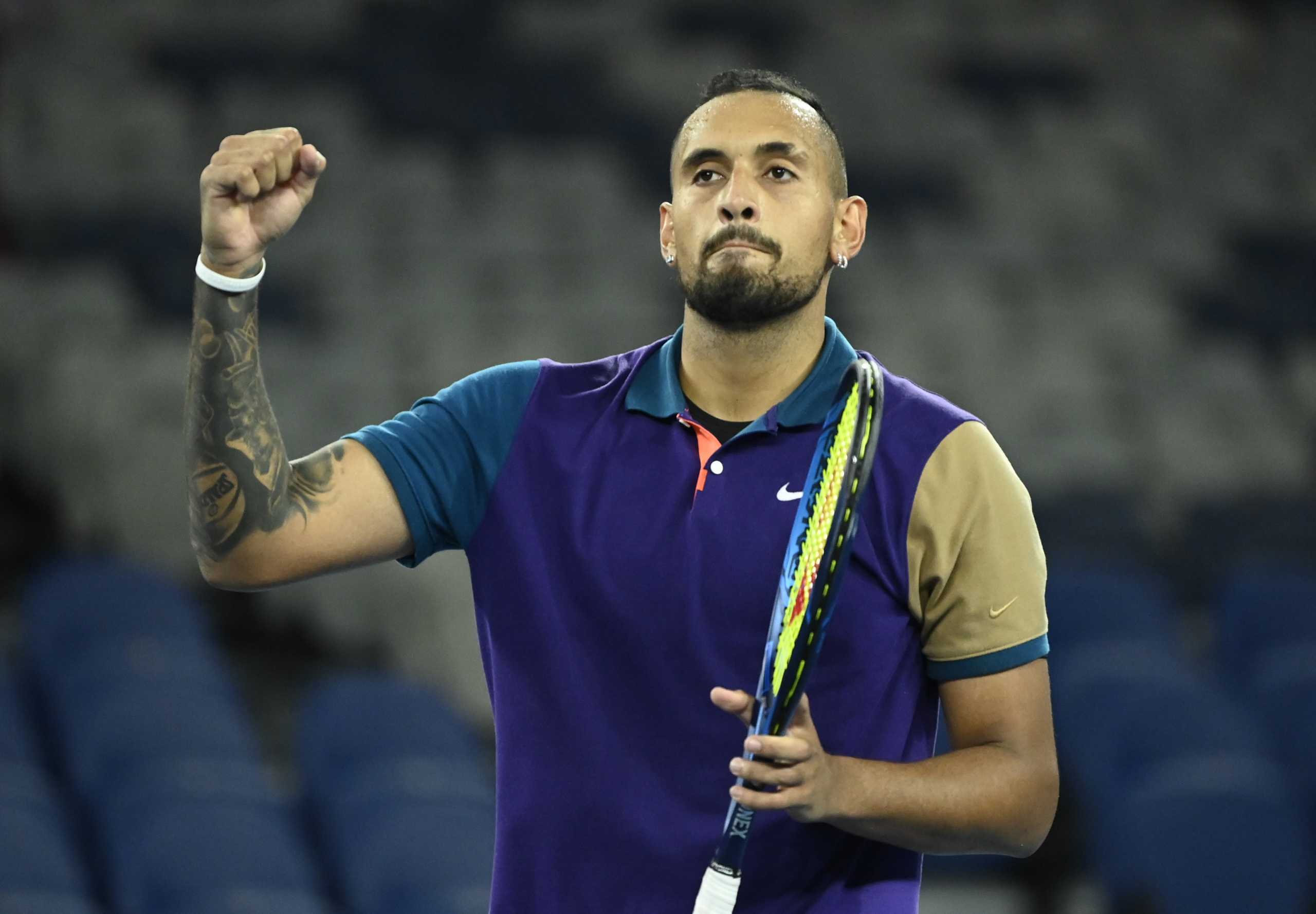 Tennis - Australian Open - Melbourne Park, Melbourne, Australia, February 8, 2021 Australia's Nick Kyrgios celebrates winning his first round match against Portugal's Frederico Ferreira Silva REUTERS