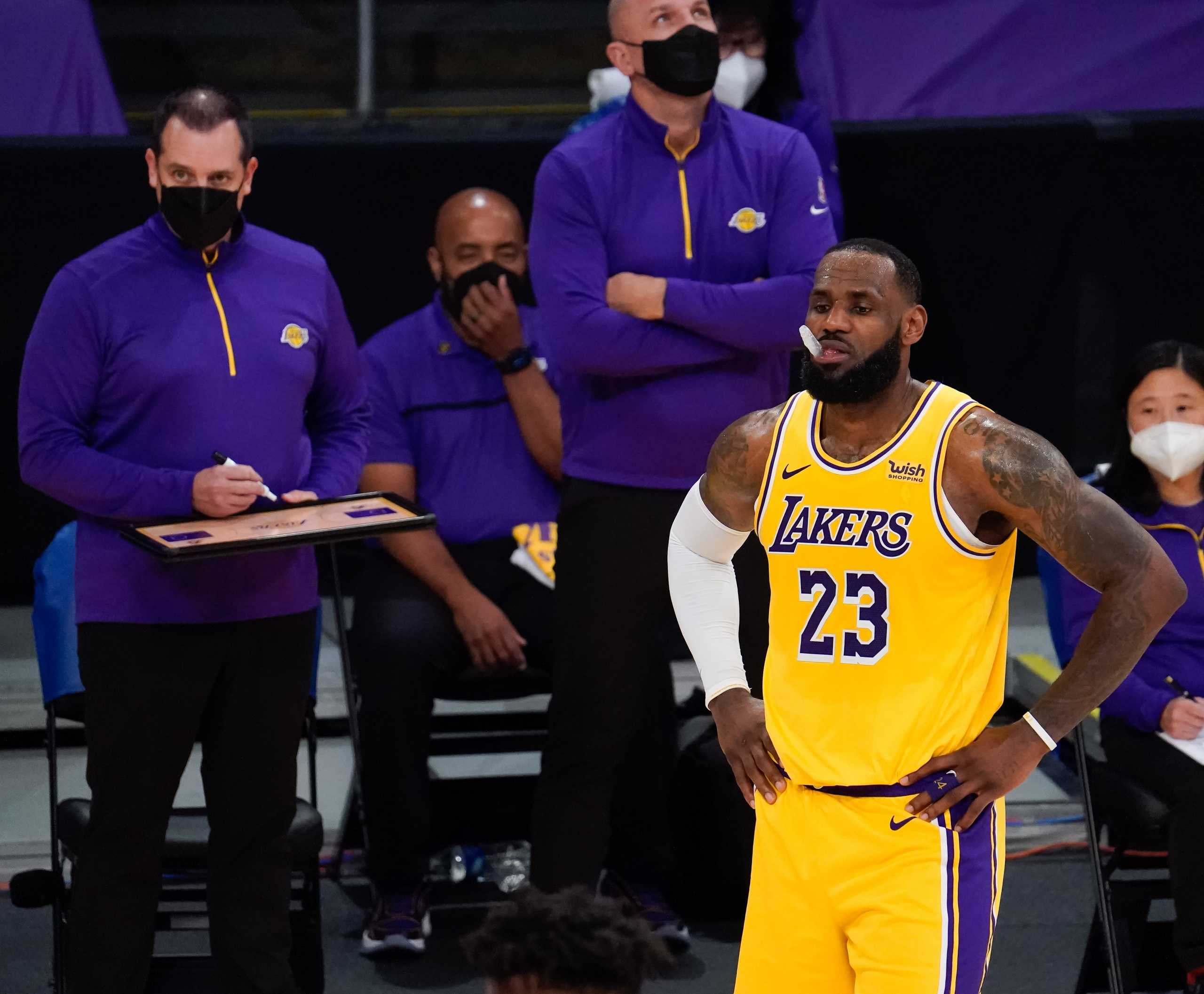 Feb 20, 2021; Los Angeles, California, USA; Los Angeles Lakers forward LeBron James (23) during the closing second of the Lakers 96-94 loss to the Miami Heat at Staples Center. Mandatory Credit: Robert Hanashiro-USA TODAY Sports