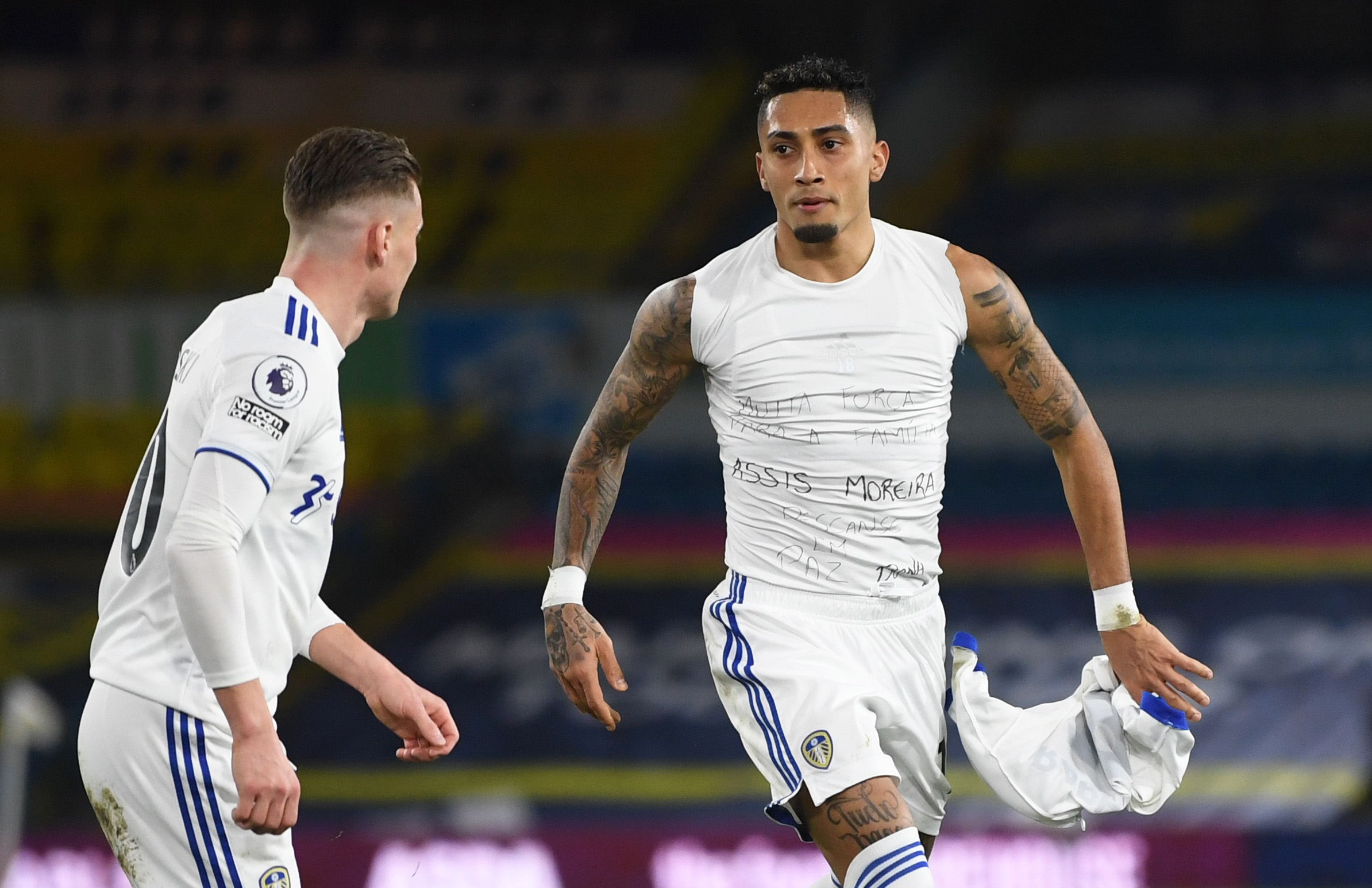 Soccer Football - Premier League - Leeds United v Southampton - Elland Road, Leeds, Britain - February 23, 2021 Leeds United's Raphinha celebrates scoring their third goal with Ezgjan Alioski Pool via REUTERS