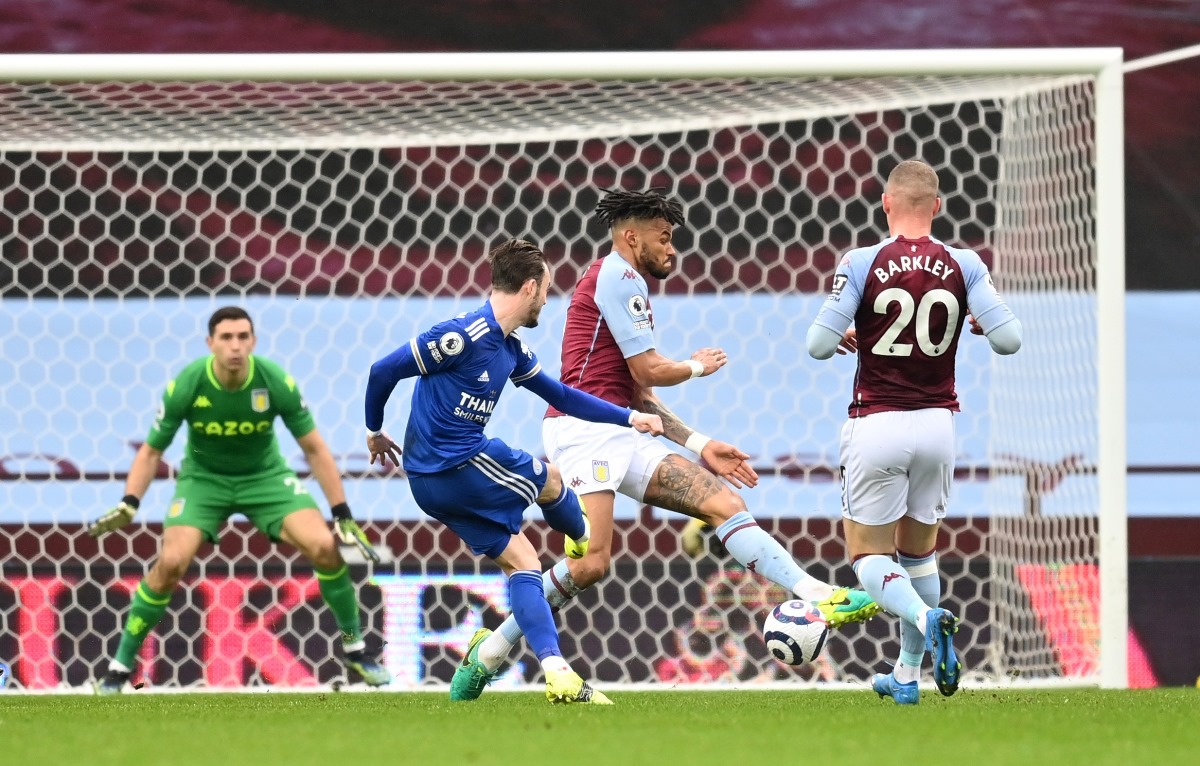 Soccer Football - Premier League - Aston Villa v Leicester City - Villa Park, Birmingham, Britain - February 21, 2021  Leicester City's James Maddison scores their first goal Pool via REUTERS