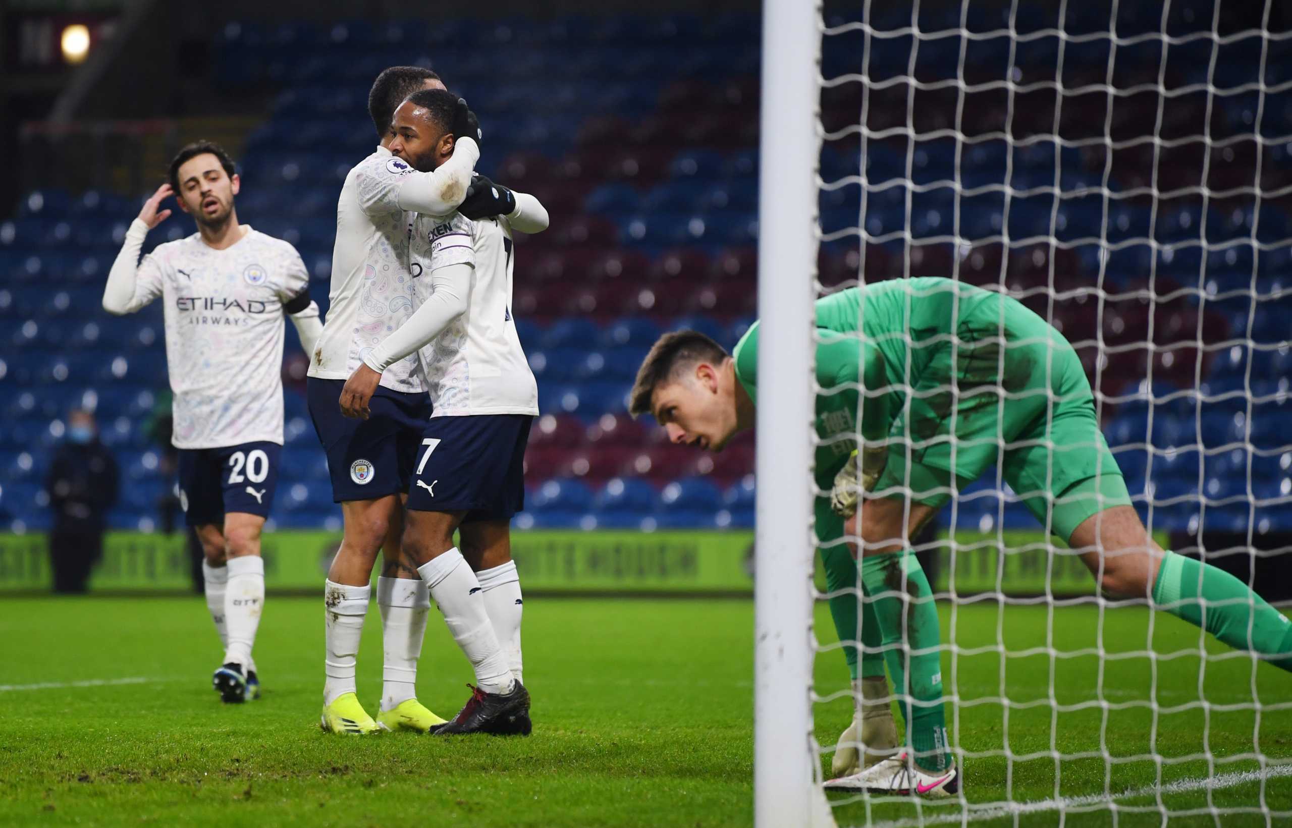 Soccer Football - Premier League - Burnley v Manchester City - Turf Moor, Burnley, Britain - February 3, 2021  Manchester City's Raheem Sterling celebrates scoring their second goal with Gabriel Jesus Pool via REUTERS