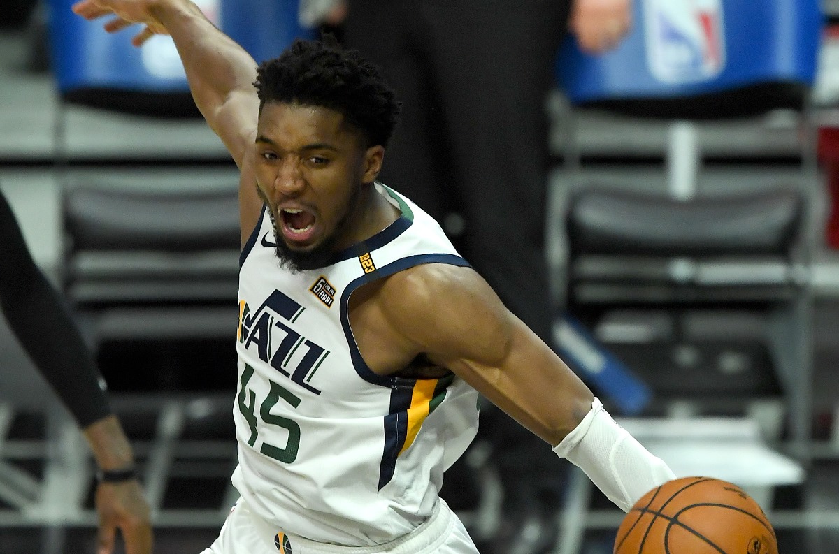 Feb 19, 2021; Los Angeles, California, USA; Utah Jazz guard Donovan Mitchell (45) goes up for a dunk in the second half of the game against the Los Angeles Clippers at Staples Center. Mandatory Credit: Jayne Kamin-Oncea-USA TODAY Sports