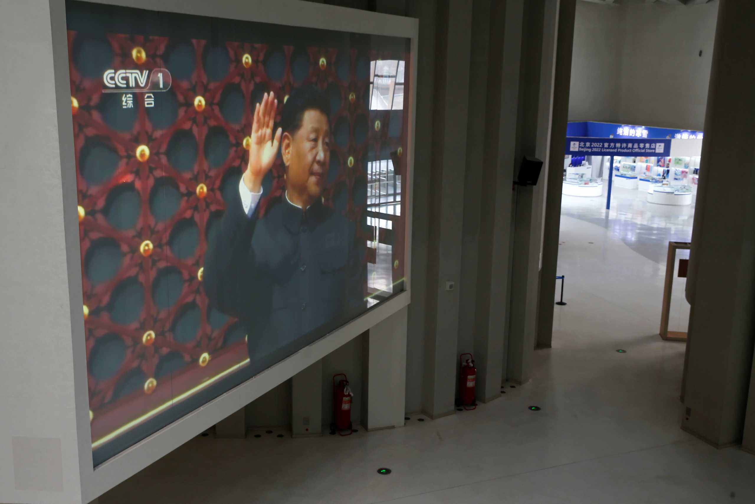 A screen showing Chinese President Xi Jinping is seen inside the Olympic Tower during an organised media tour to 2022 Winter Olympic Games venues in Beijing, China January 22, 2021. REUTERS