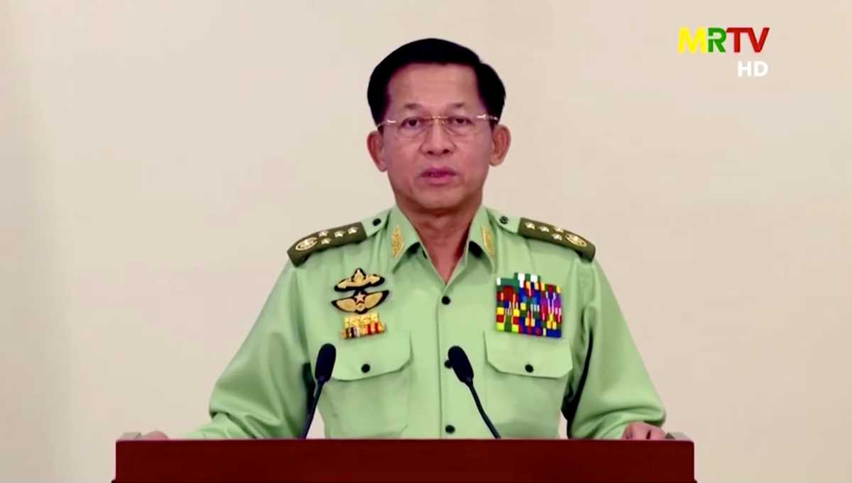 Myanmar's military junta leader, General Min Aung Hlaing, speaks in a media broadcast in Naypyitaw, Myanmar February 8, 2021 in this still image taken from video. MRTV