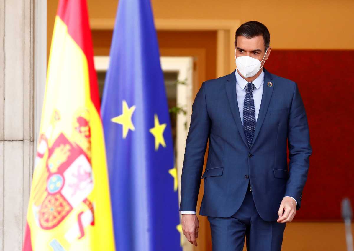 Spain's Prime Minister Pedro Sanchez arrives for a news conference after European Union virtual summit, at the Moncloa Palace, in Madrid, Spain February 26, 2021. REUTERS