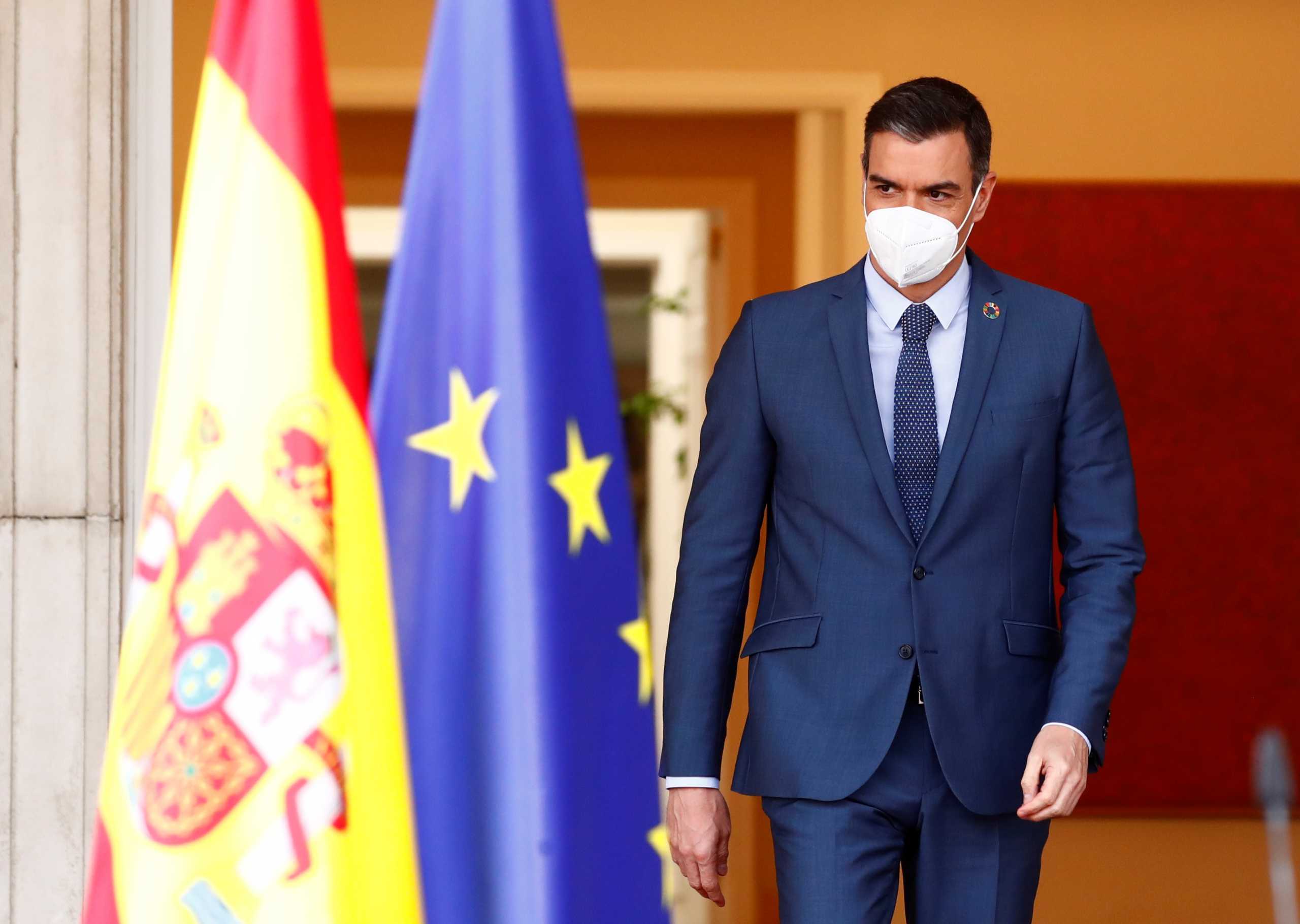 Spain's Prime Minister Pedro Sanchez arrives for a news conference after European Union virtual summit, at the Moncloa Palace, in Madrid, Spain February 26, 2021. REUTERS