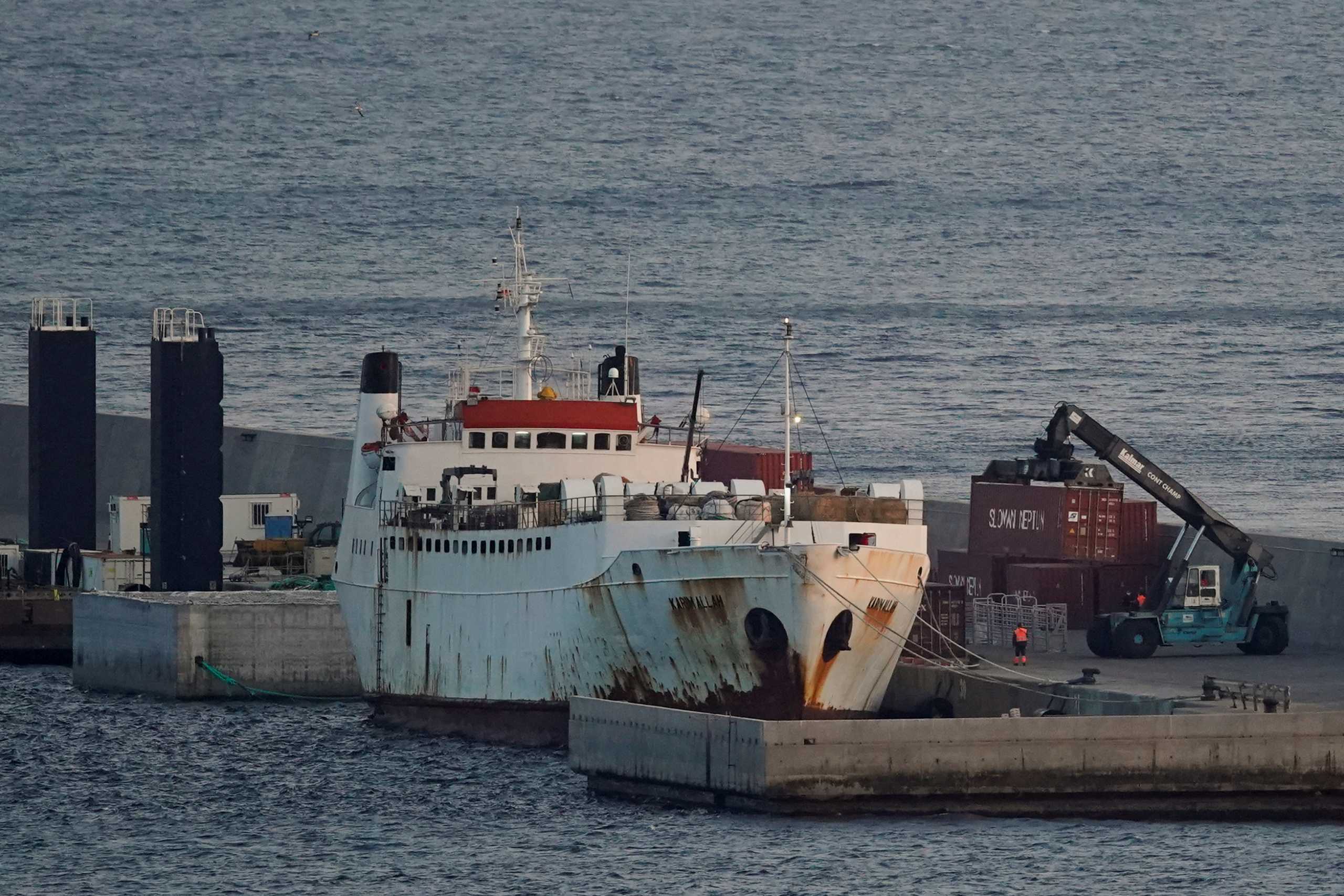 Livestock ship "Karim Allah" carrying nearly a thousand Spanish cattle stranded on ship with suspected bluetongue disease is docked at Escombreras port in Cartagena, Spain February 26, 2021. REUTERS