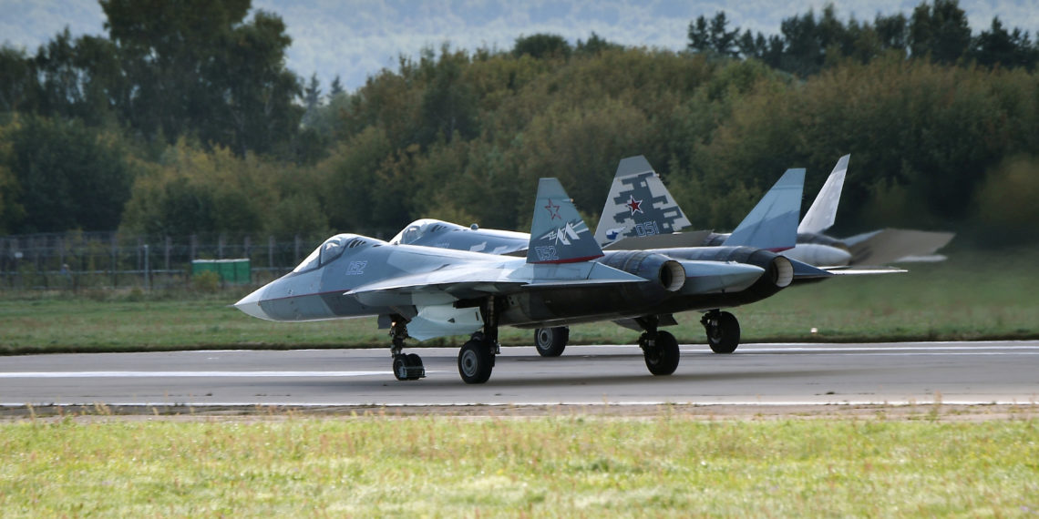 Sukhoi Su-57 fighter jets perform at the MAKS 2019 air show in Zhukovsky, outside Moscow, Russia, August 27, 2019.  Sputnik