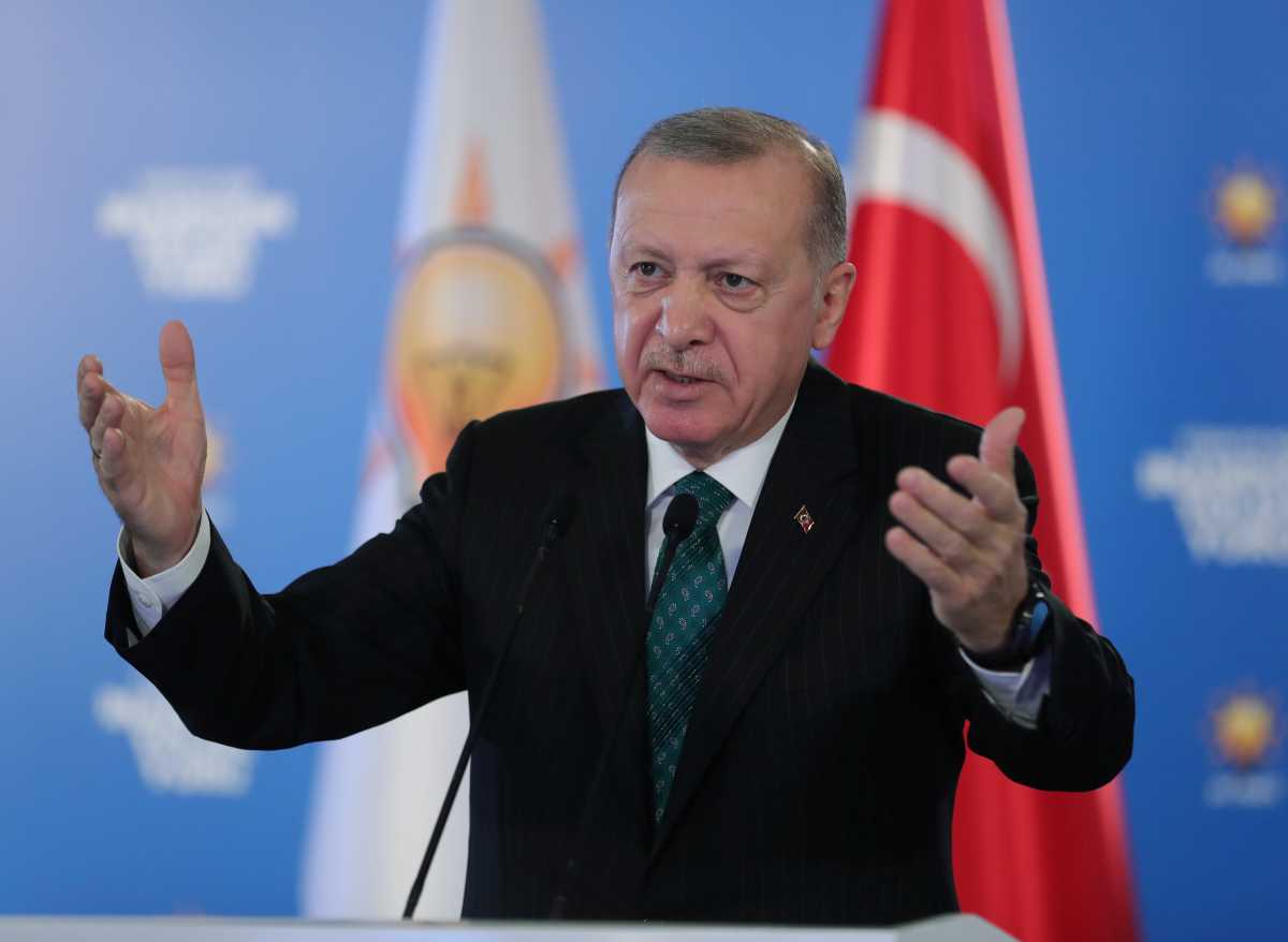 Turkish President Tayyip Erdogan speaks as he attends provincial congresses of his ruling AK Party via video link,?in Ankara, Turkey, February 3, 2021. Presidential Press Office