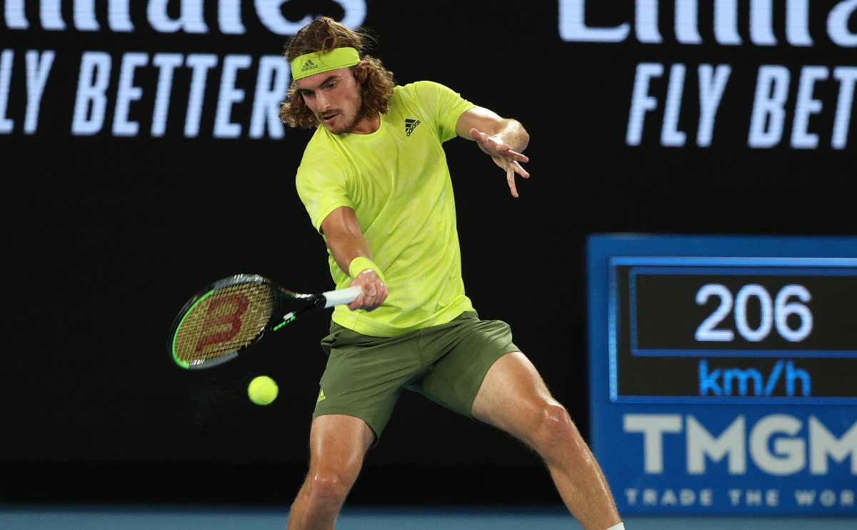 Tennis - Australian Open - Melbourne Park, Melbourne, Australia, February 9, 2021 Greece's Stefanos Tsitsipas in action during his first round match against France's Gilles Simon REUTERS