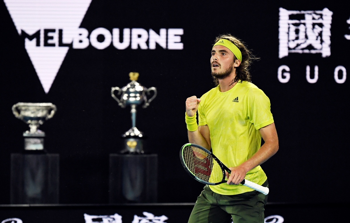 Tennis - Australian Open - Melbourne Park, Melbourne, Australia, February 17, 2021 Greece's Stefanos Tsitsipas reacts during his quarter final match against Spain's Rafael Nadal REUTERS