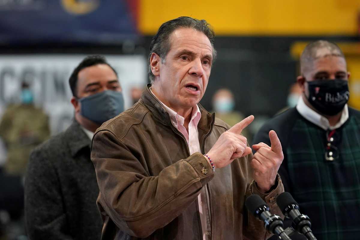 FILE PHOTO: New York Governor Andrew Cuomo speaks during a news conference at a vaccination site in the Brooklyn borough of New York, U.S., February 22, 2021. Seth Wenig