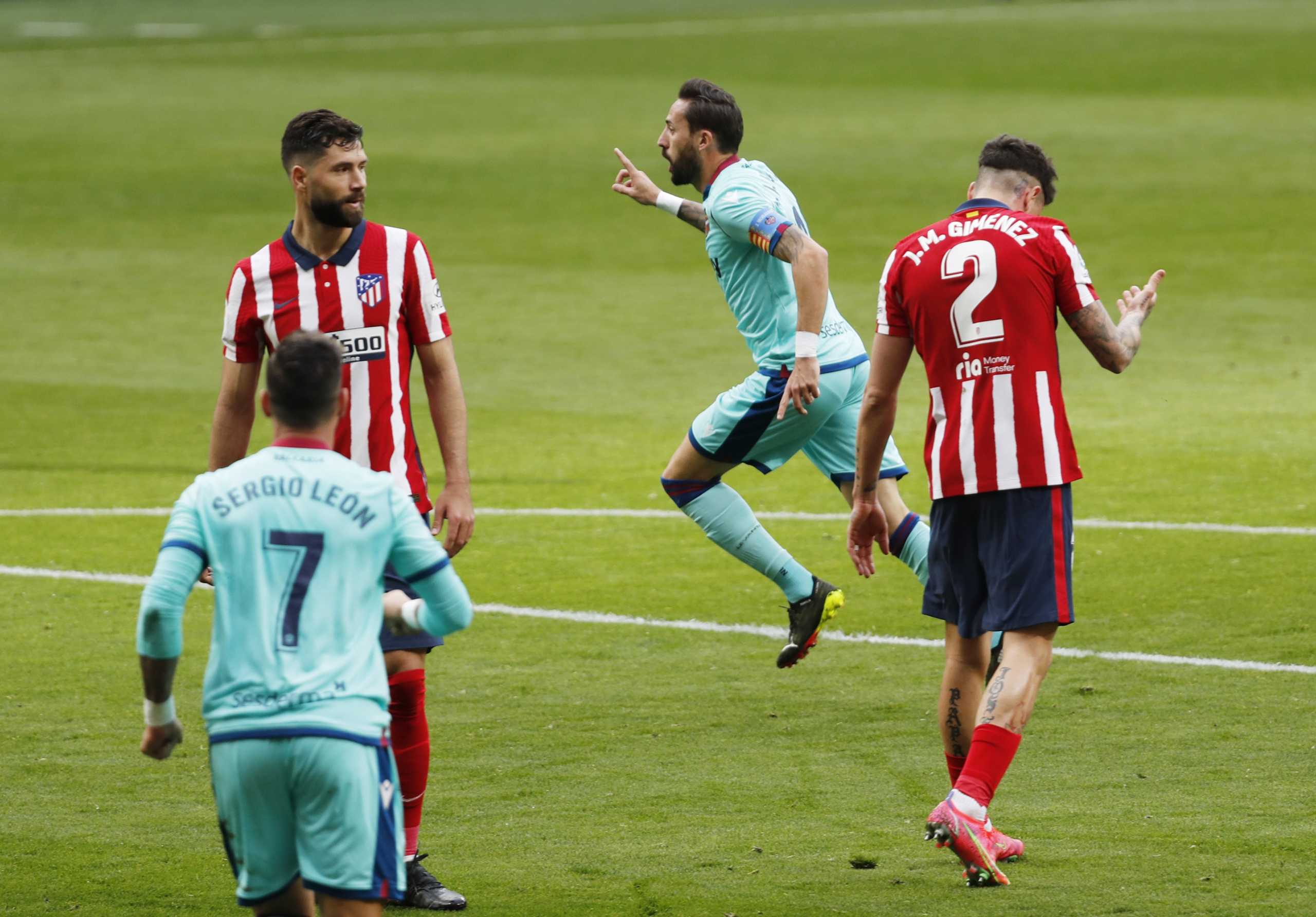 Soccer Football - La Liga Santander - Atletico Madrid v Levante - Wanda Metropolitano, Madrid, Spain - February 20, 2021 Levante's Jose Luis Morales celebrates scoring their first goal REUTERS