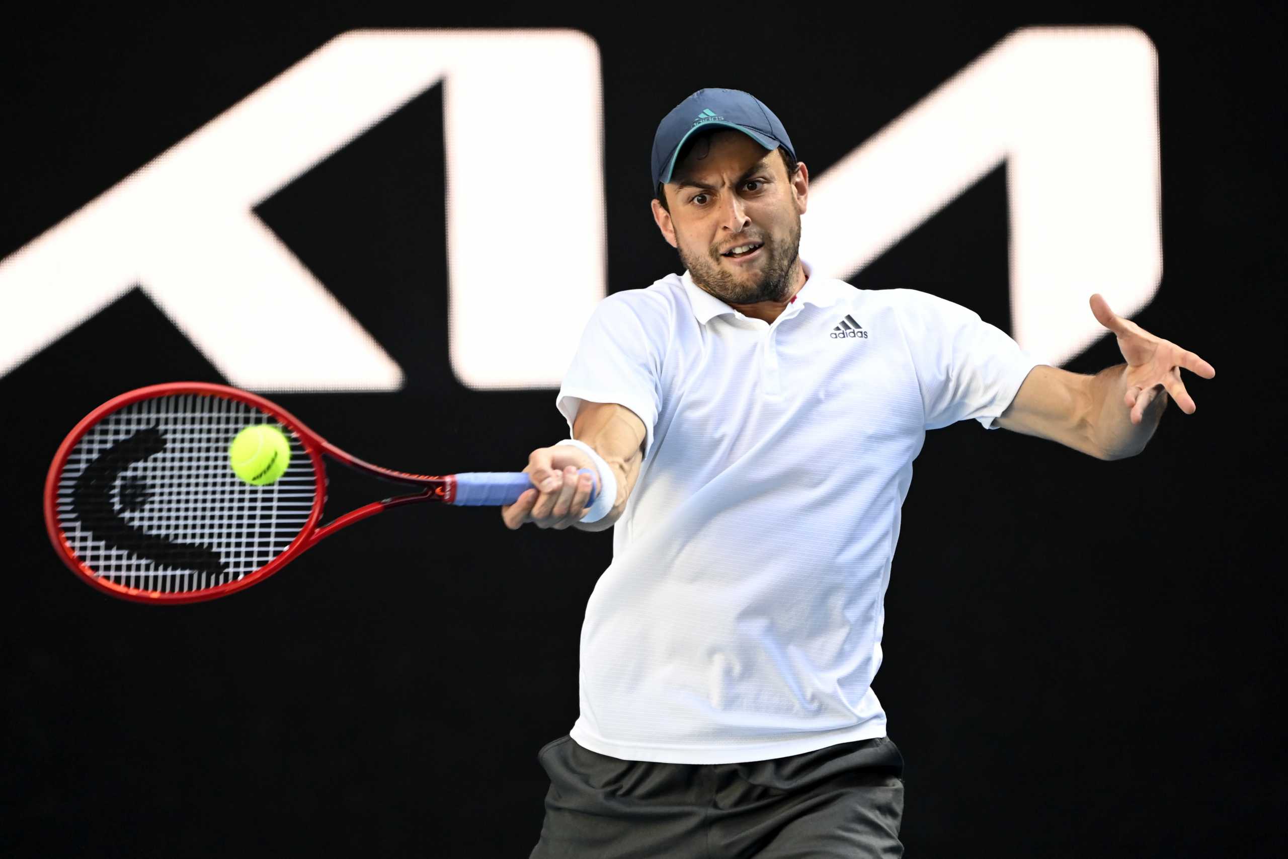 Tennis - Australian Open - Melbourne Park, Melbourne, Australia, February 12, 2021 Russia's Aslan Karatsev in action during his third round match against Argentina's Diego Schwartzman REUTERS