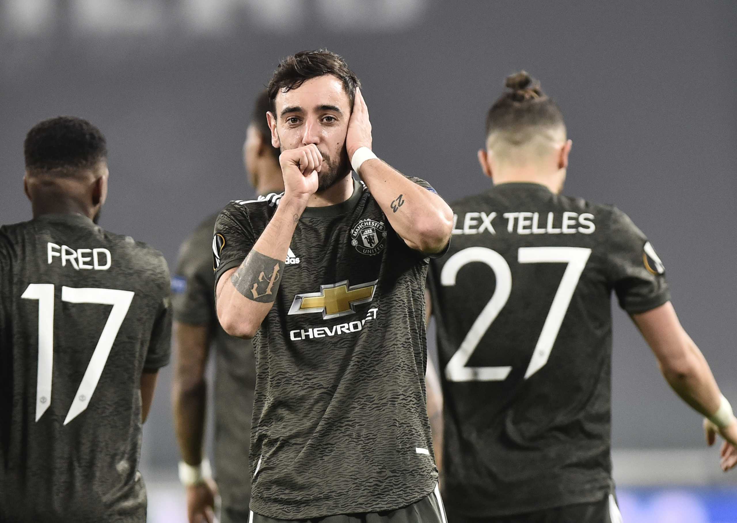 Soccer Football - Europa League - Round of 32 First Leg - Real Sociedad v Manchester United - Allianz Stadium, Turin, Italy - February 18, 2021 Manchester United's Bruno Fernandes celebrates scoring their second goal REUTERS