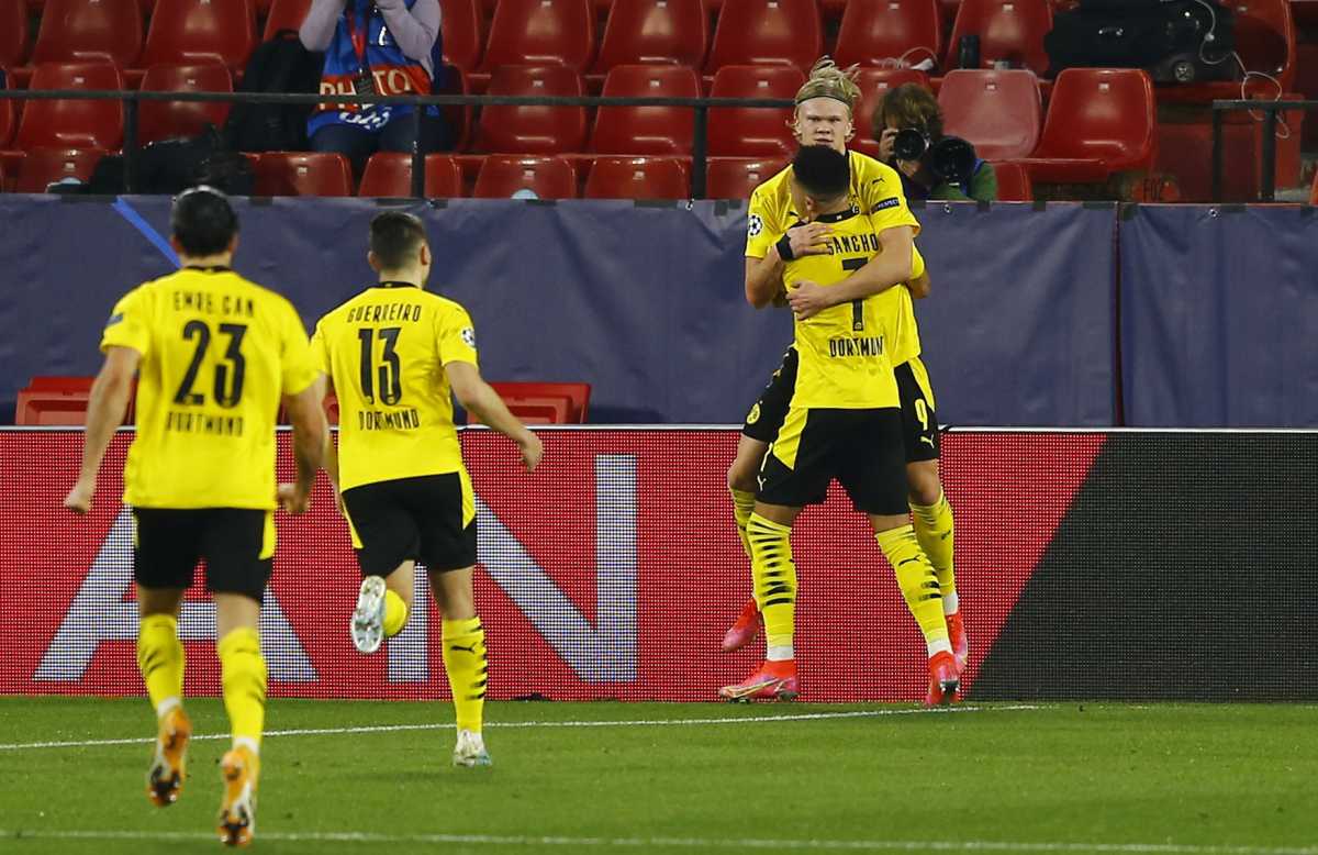 Soccer Football- Champions League - Round of 16 First Leg - Sevilla v Borussia Dortmund - Ramon Sanchez Pizjuan, Seville, Spain - February 17, 2021  Borussia Dortmund's Erling Braut Haaland celebrates scoring their second goal REUTERS