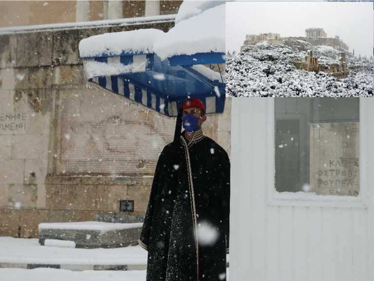Κακοκαιρία Μήδεια: Η χιονισμένη Ακρόπολη και ο εύζωνας κλέβουν την παράσταση