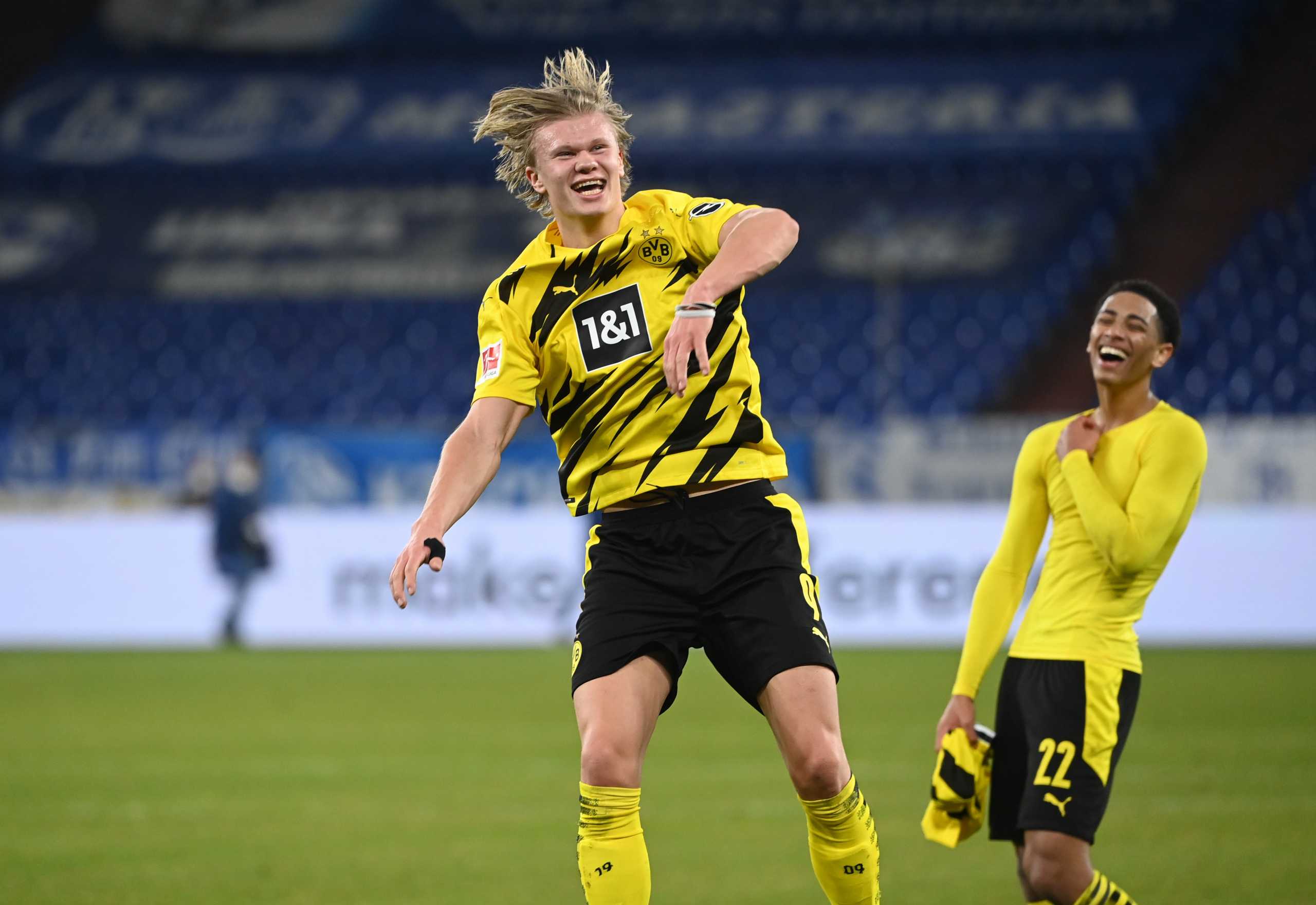 Soccer Football - Bundesliga - Schalke 04 v Borussia Dortmund - Veltins-Arena, Gelsenkirchen, Germany - February 20, 2021 Borussia Dortmund's Erling Braut Haaland celebrates after the match Pool via REUTERS
