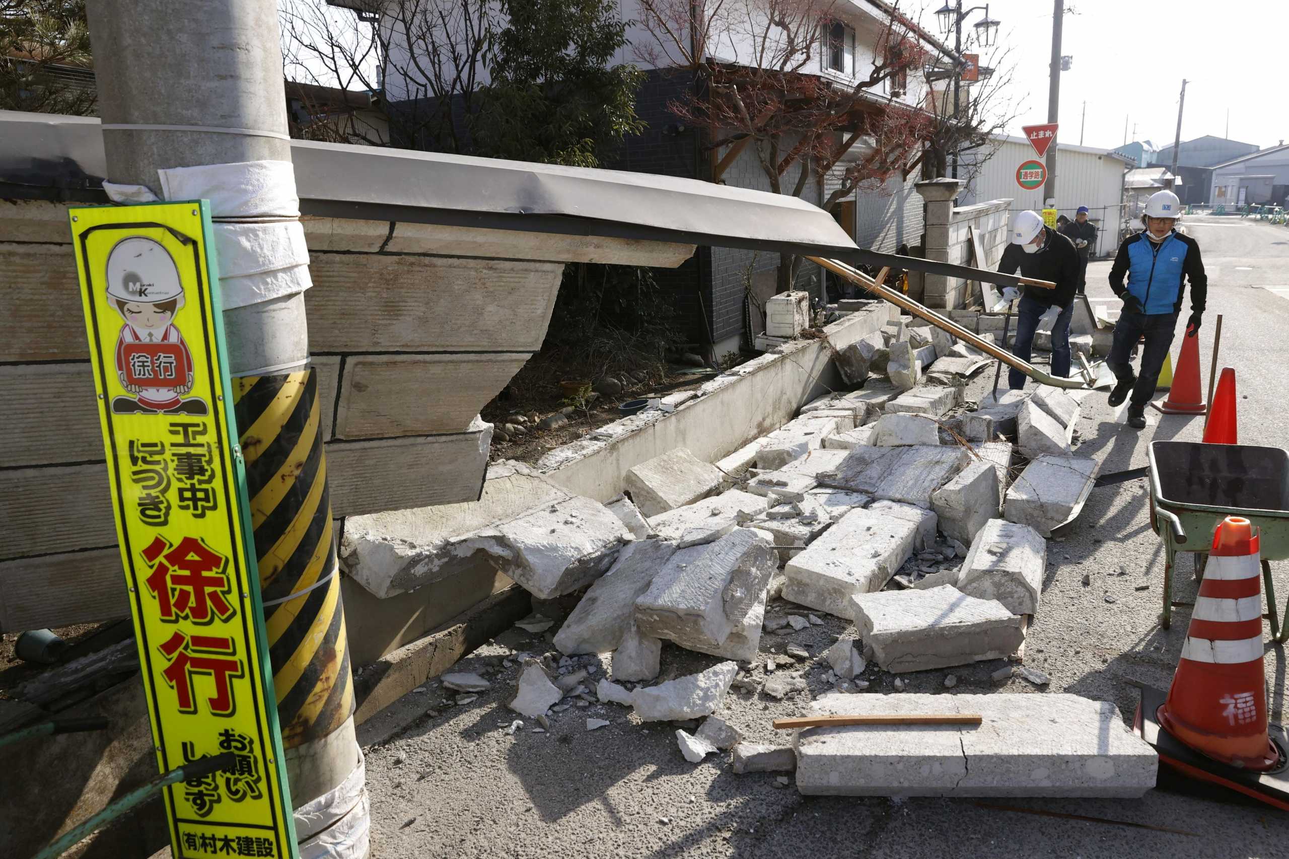 A collapsed wall by a strong earthquake is pictured in Kunimi, Fukushima Prefecture, Japan on February 14, 2021 in this photo taken by Kyodo. Mandatory credit Kyodo