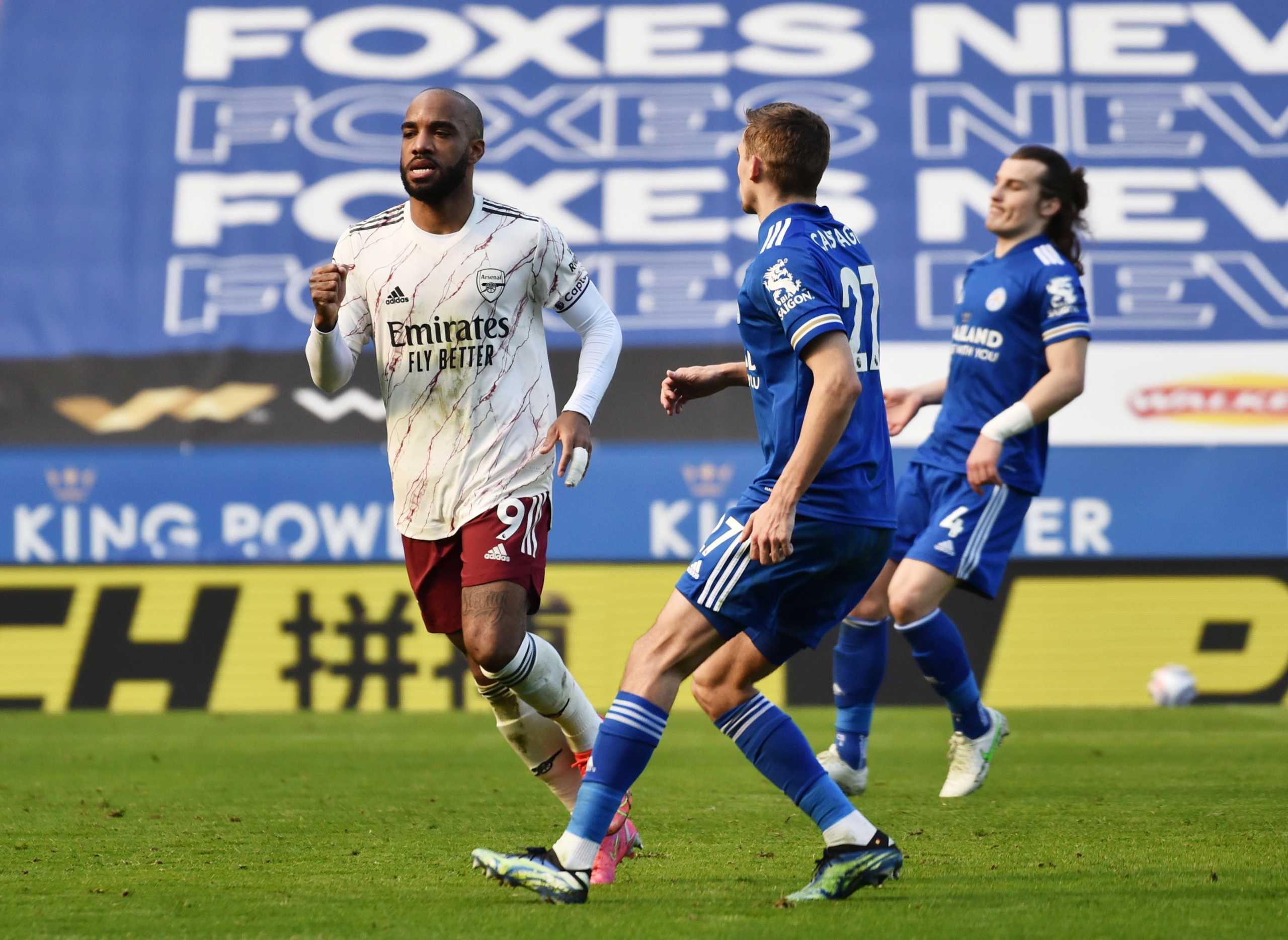 Soccer Football - Premier League - Leicester City v Arsenal - King Power Stadium, Leicester, Britain - February 28, 2021 Arsenal's Alexandre Lacazette celebrates scoring their second goal Pool via REUTERS