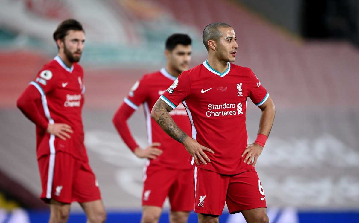 Soccer Football - Premier League - Liverpool v Everton - Anfield, Liverpool, Britain - February 20, 2021 Liverpool's Thiago Alcantara reacts Pool via REUTERS
