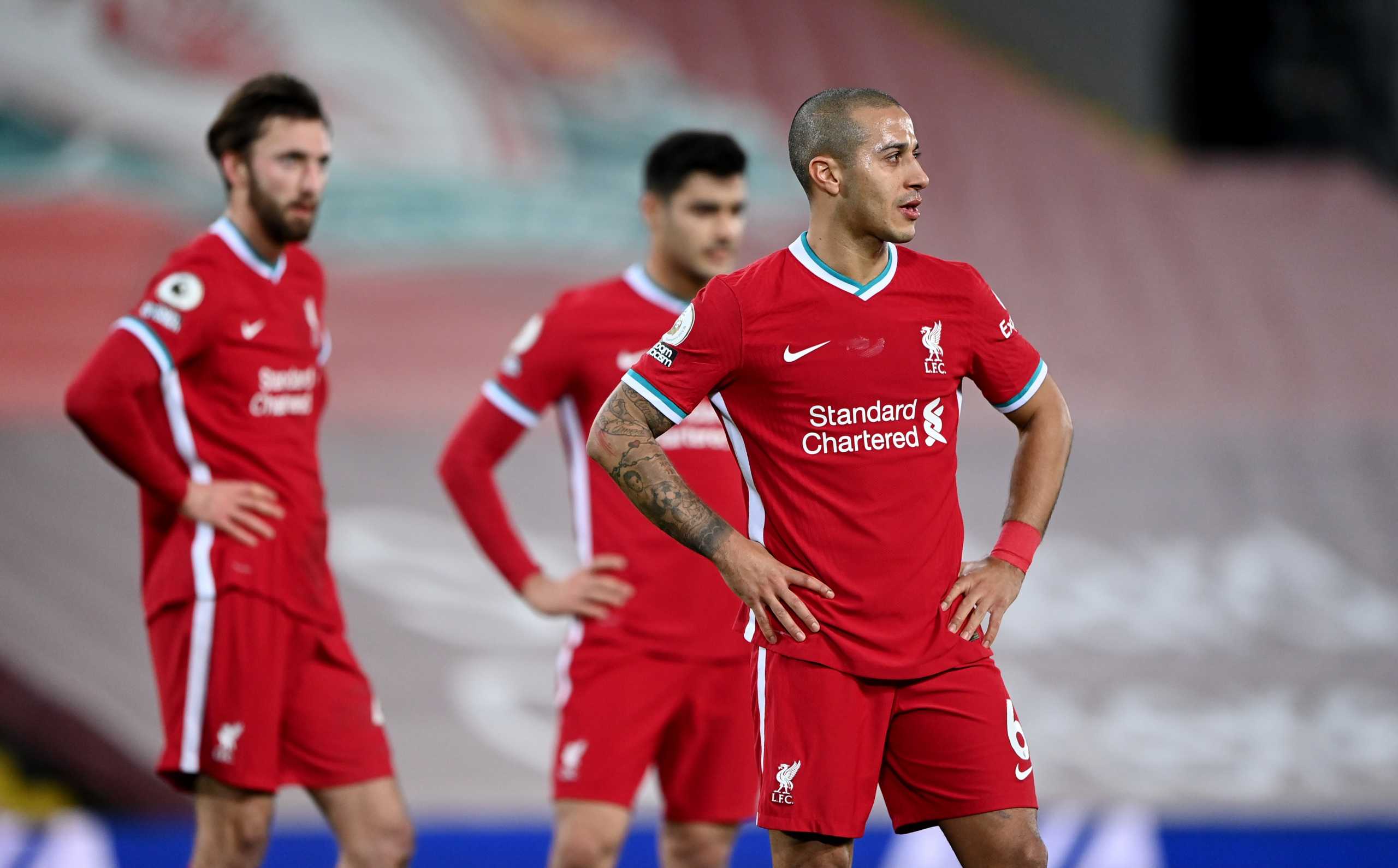 Soccer Football - Premier League - Liverpool v Everton - Anfield, Liverpool, Britain - February 20, 2021 Liverpool's Thiago Alcantara reacts Pool via REUTERS