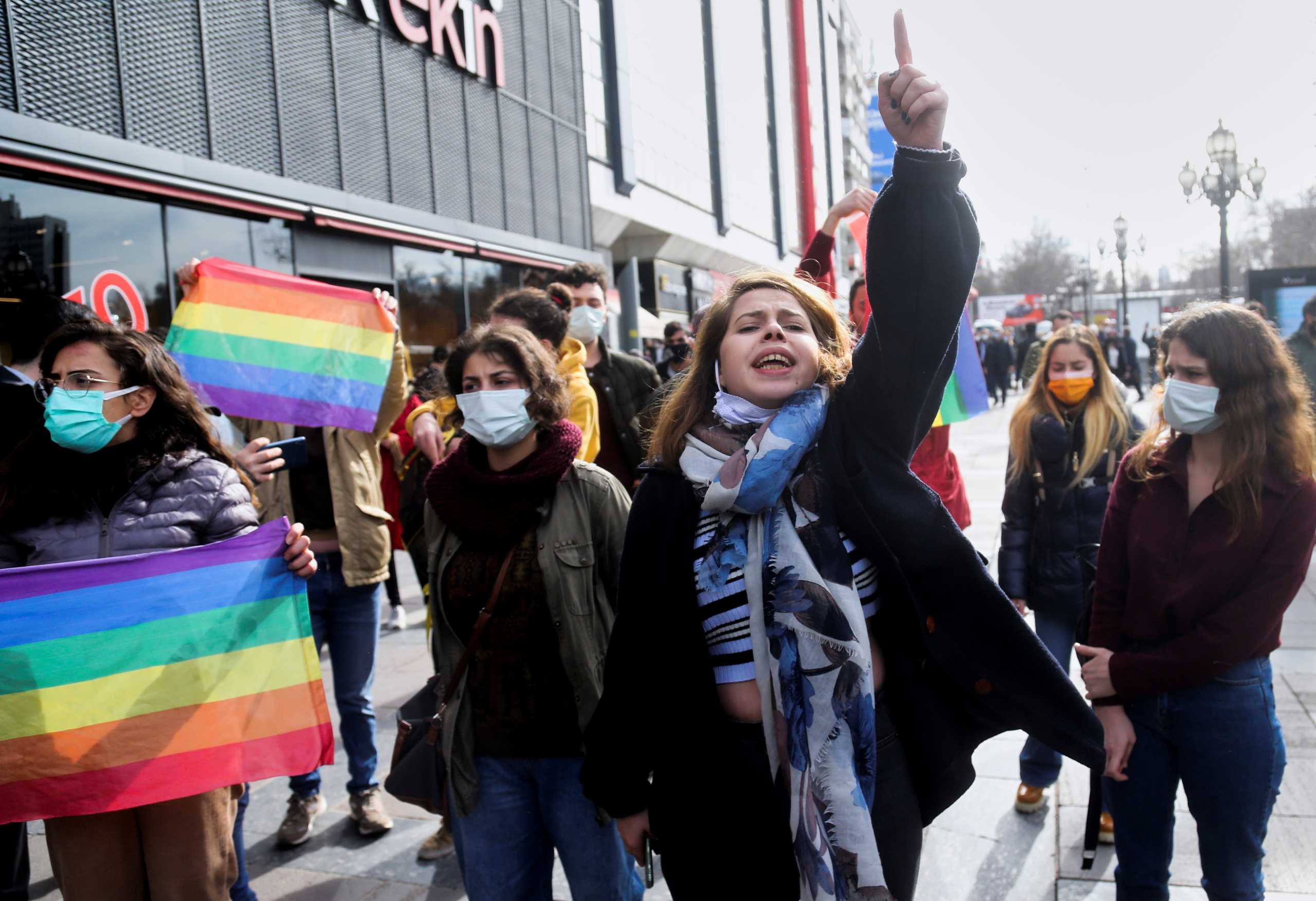 Students walk with rainbow flags during a gathering in solidarity with Bogazici University students who are protesting against the appointment of Melih Bulu as new rector of the university, in Ankara, Turkey February 2, 2021. REUTERS