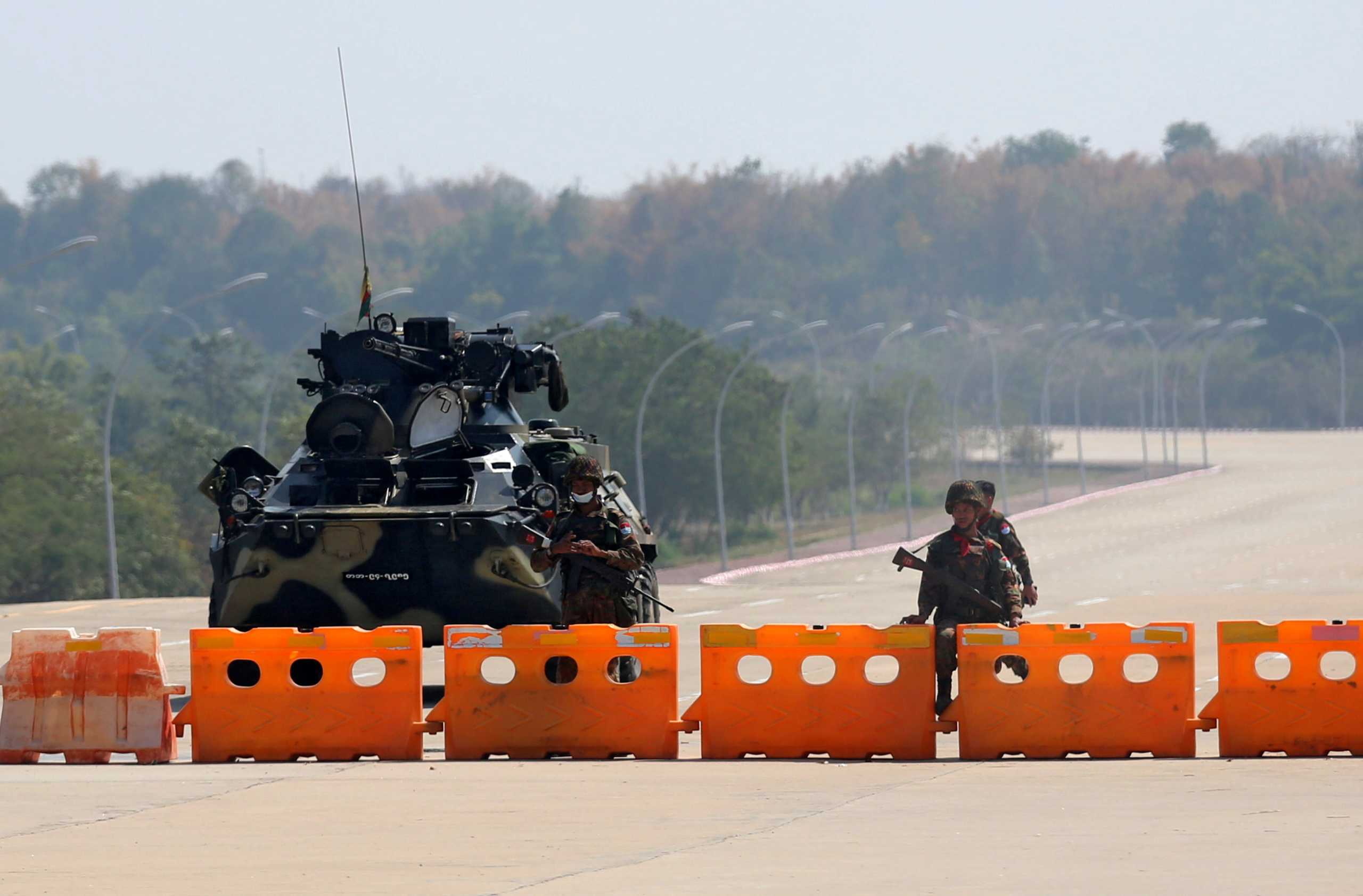 FILE PHOTO: Myanmar's military checkpoint is seen on the way to the congress compound in Naypyitaw, Myanmar, February 1, 2021. REUTERS