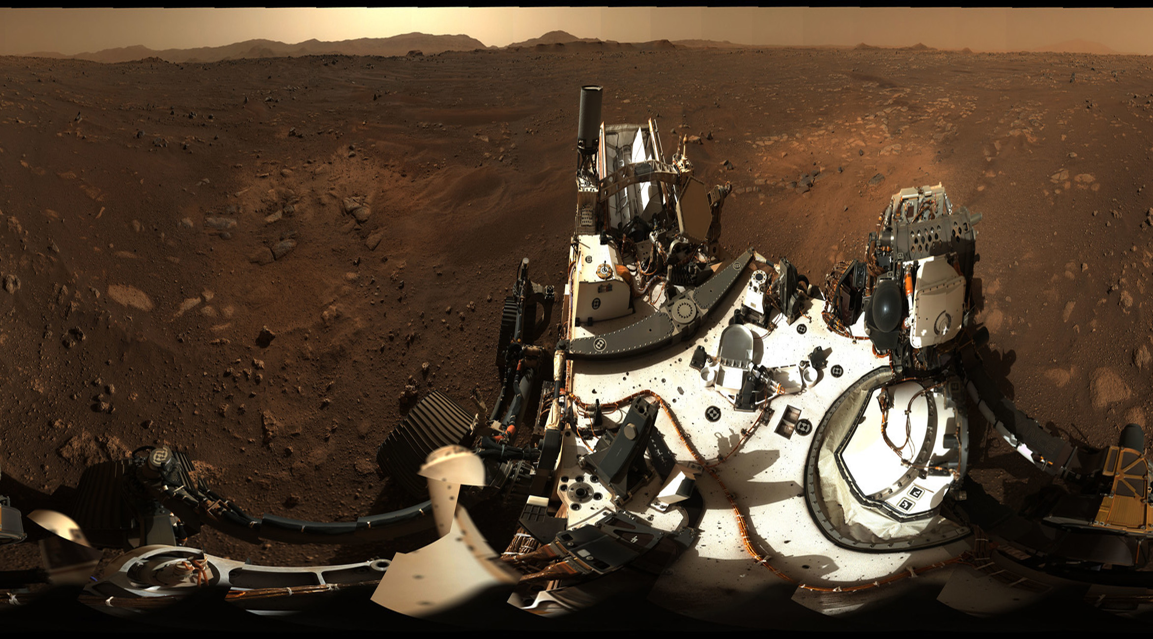 This is the first 360-degree panorama taken by Mastcam-Z, a zoomable pair of cameras aboard NASA’s Perseverance Mars rover. The panorama was stitched together on Earth from 142 individual images taken on Sol 3, the third Martian day of the mission (Feb. 21, 2021). Credits: NASA