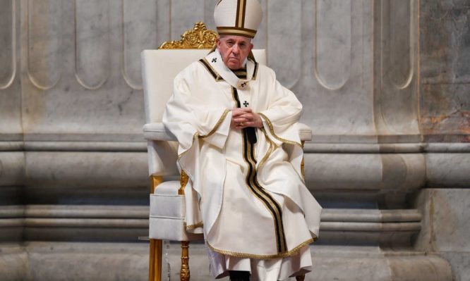 Pope Francis celebrates Easter Sunday Mass behind closed doors due to an outbreak of the coronavirus disease (COVID-19) at St. Peter's Basilica in the Vatican, April 12, 2020. Andreas Solaro