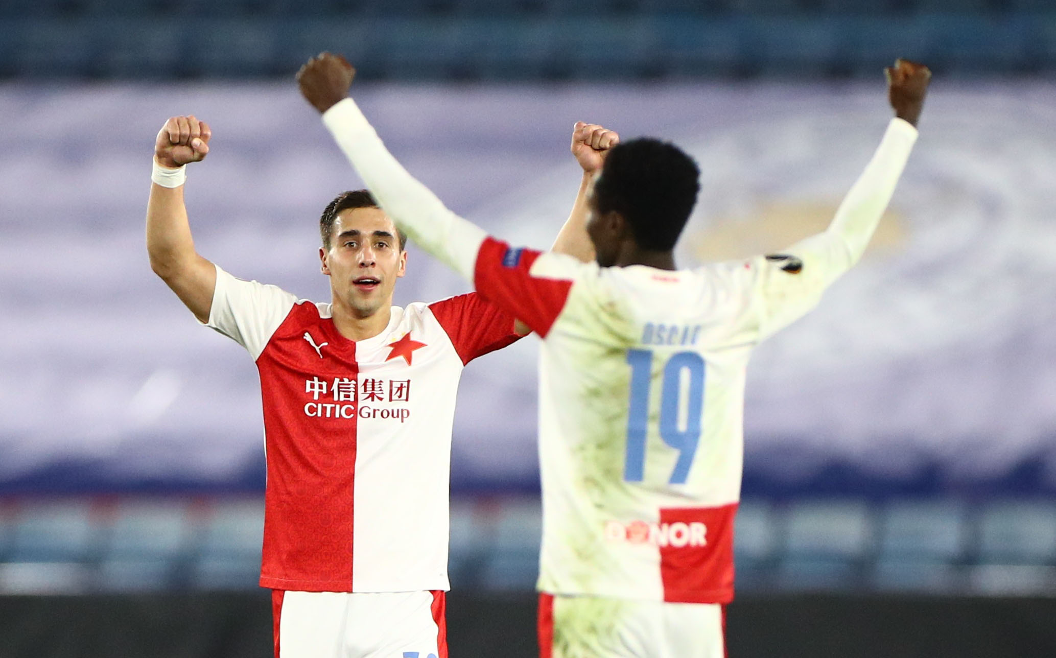 Soccer Football - Europa League - Round of 32 Second Leg - Leicester City v Slavia Prague - King Power Stadium, Leicester, Britain - February 25, 2021 Slavia Prague's Ondrej Lingr and Oscar Dorley celebrate after the match REUTERS