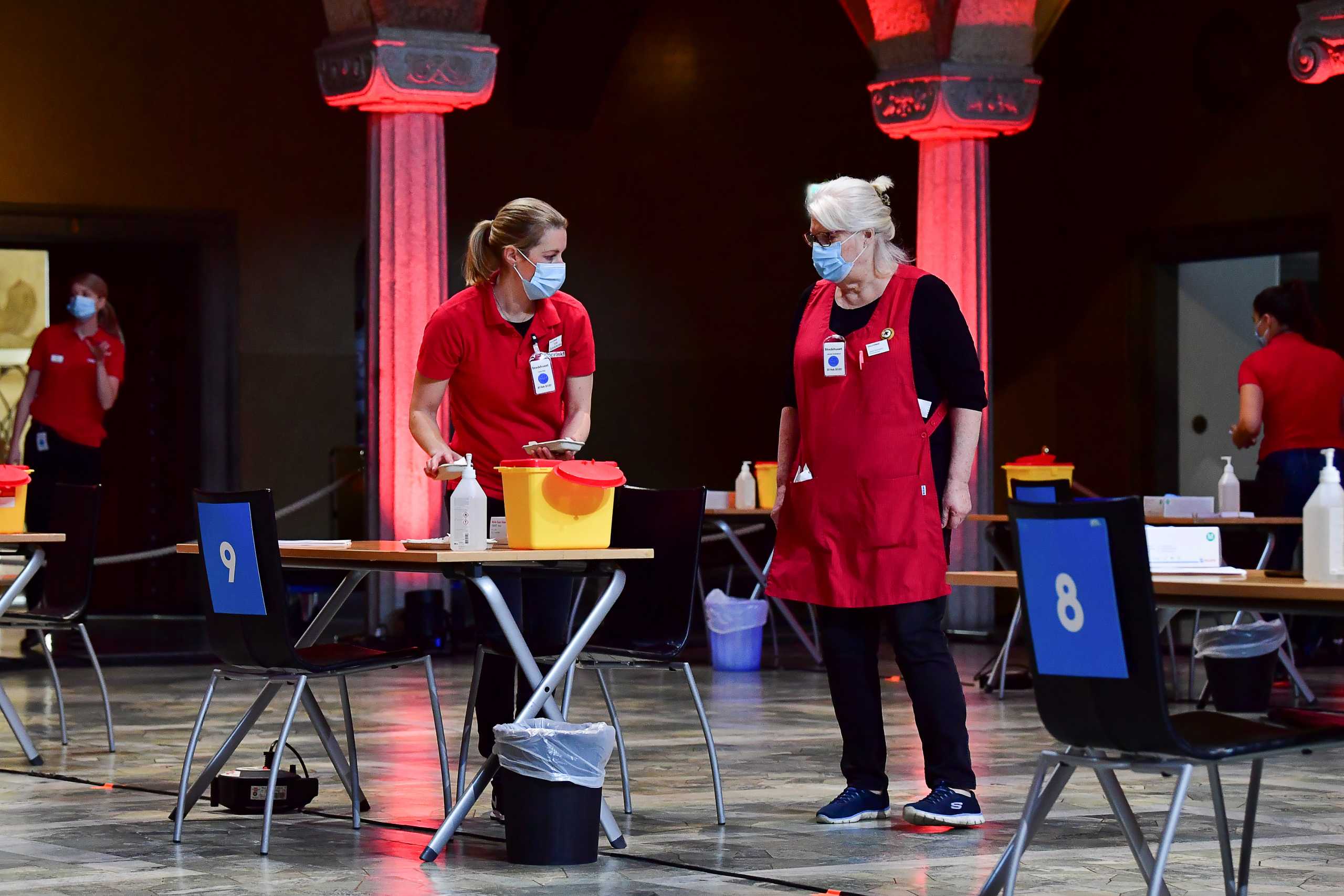 Nursing staff prepare for mass vaccination against the coronavirus disease (COVID-19), in the Blue Hall of the Stockholm City Hall in Stockholm, Sweden February 21, 2021. TT News Agency