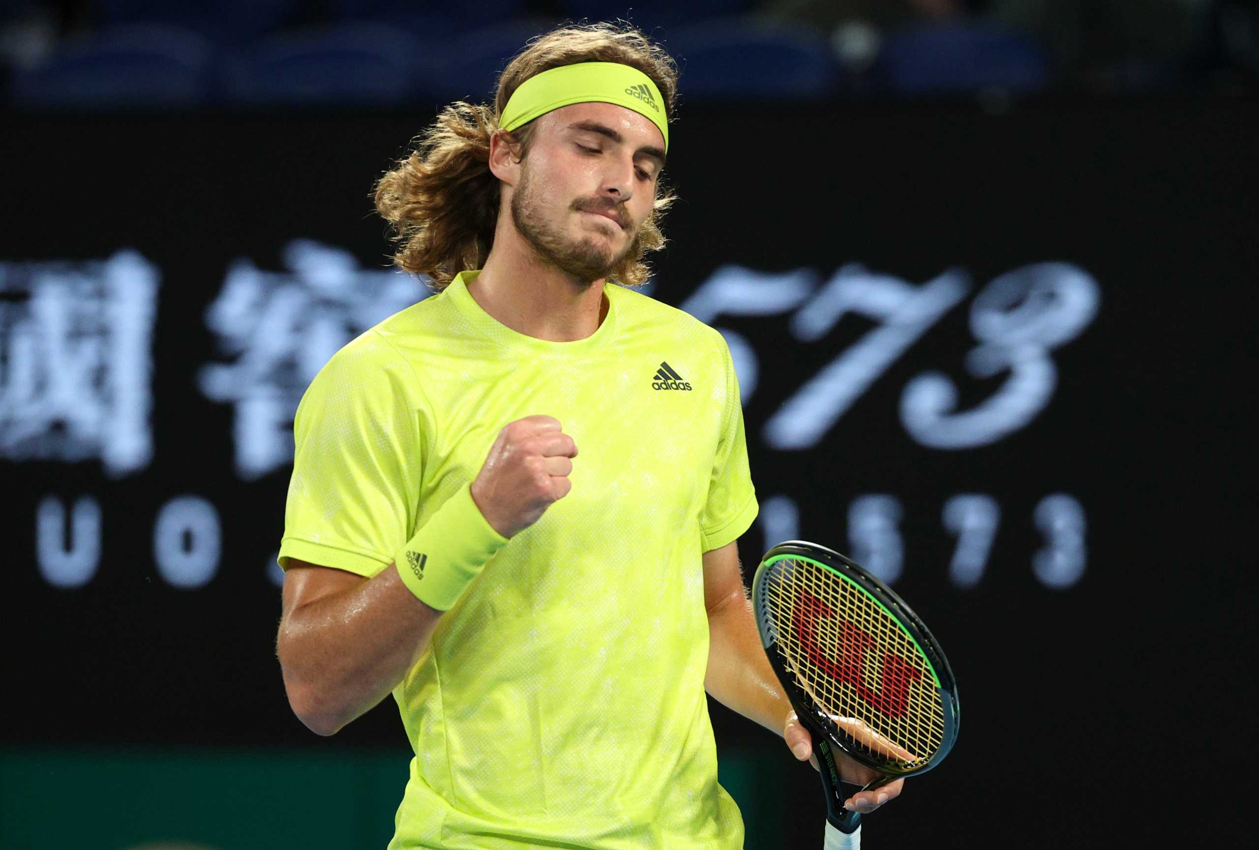 Tennis - Australian Open - Melbourne Park, Melbourne, Australia, February 9, 2021 Greece's Stefanos Tsitsipas reacts during his first round match against France's Gilles Simon REUTERS