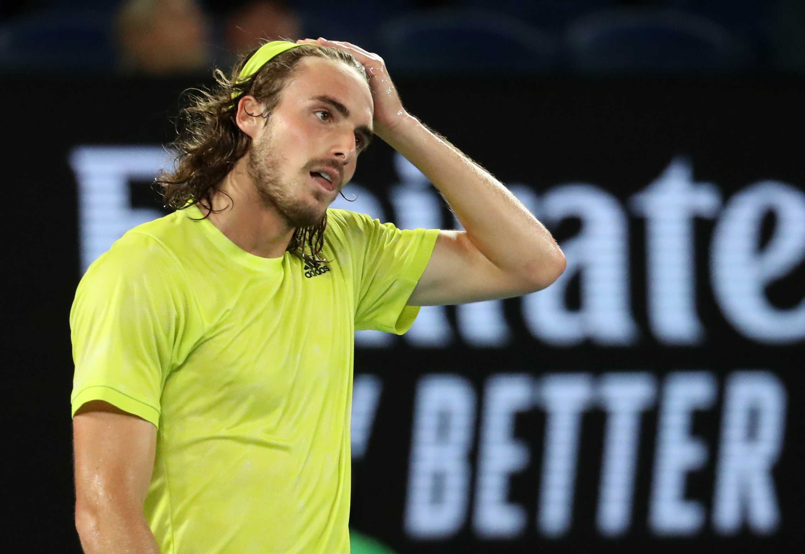Tennis - Australian Open - Melbourne Park, Melbourne, Australia, February 9, 2021 Greece's Stefanos Tsitsipas celebrates winning his first round match against France's Gilles Simon REUTERS
