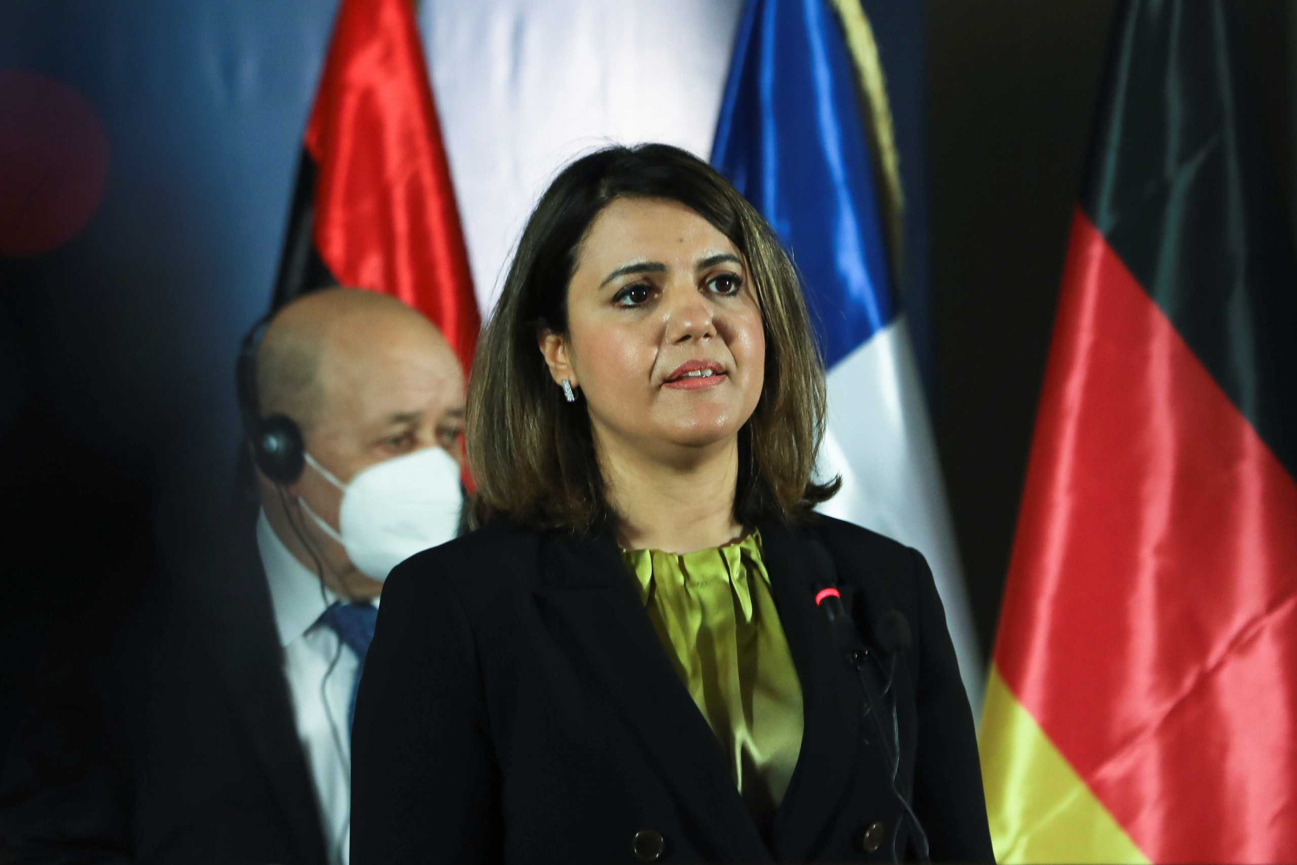 Libyan Foreign Minister Najla el-Mangoush speaks as she delivers a joint statement with French Foreign Minister Jean-Yves Le Drian, German Foreign Minister Heiko Maas and Italian Foreign Minister Luigi Di Maio in Tripoli, Libya March 25, 2021. REUTERS