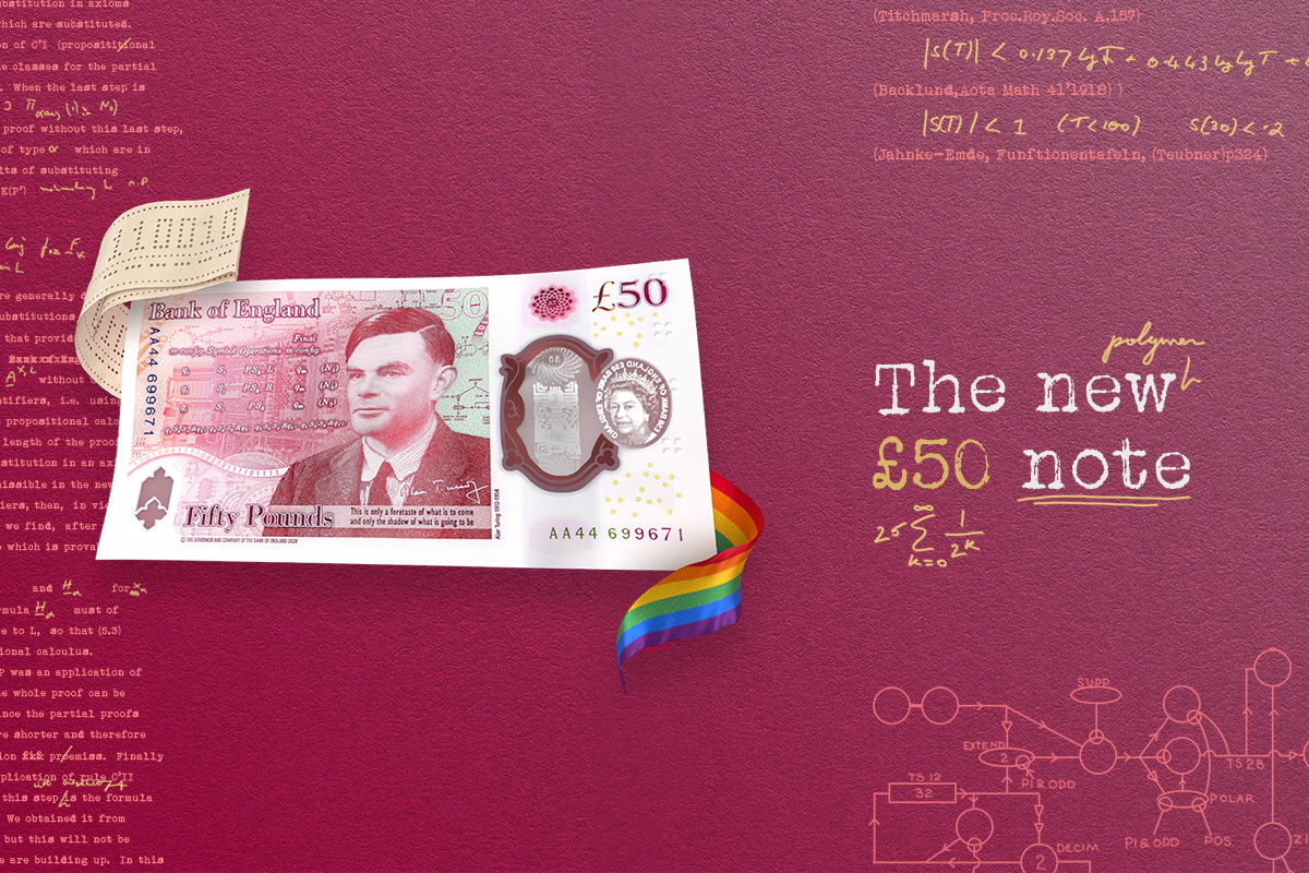 New 50-pound note, featuring late mathematician Alan Turing, is presented with an LGBT rainbow-flag ribbon, in this illustration obtained March 25, 2021. Bank of England