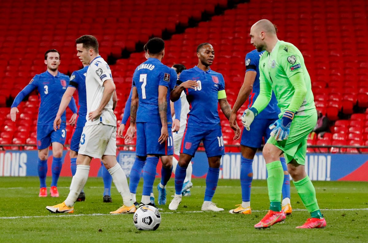 Soccer Football - World Cup Qualifiers Europe - Group I - England v San Marino - Wembley Stadium, London, Britain - March 25, 2021 England's Raheem Sterling celebrates scoring their third goal with teammates Pool via REUTERS