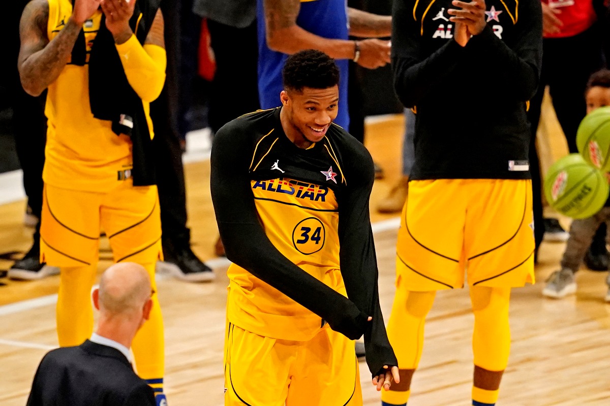 Mar 7, 2021; Atlanta, Georgia, USA;  Team LeBron forward Giannis Antetokounmpo of the Milwaukee Bucks (34)  reacts to being named the MVP of the 2021 NBA All-Star Game at State Farm Arena. Mandatory Credit: Dale Zanine-USA TODAY Sports