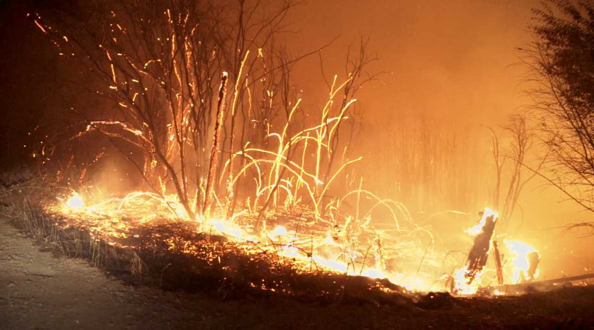 A wildfire burns in Chubut province, Argentina March 9, 2021 in this still image obtained from a video shot by a drone. Mariano Sylvester