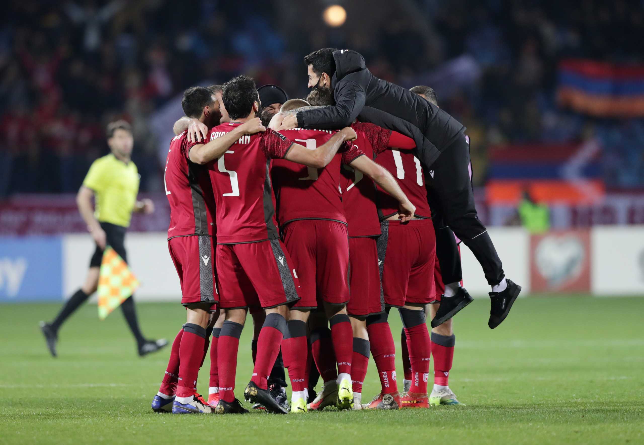 Soccer Football - World Cup Qualifiers Europe - Group J - Armenia v Romania - Vazgen Sargsyan Republican Stadium, Yerevan, Armenia - March 31, 2021 Armenia players celebrate after the match Photolure via REUTERS