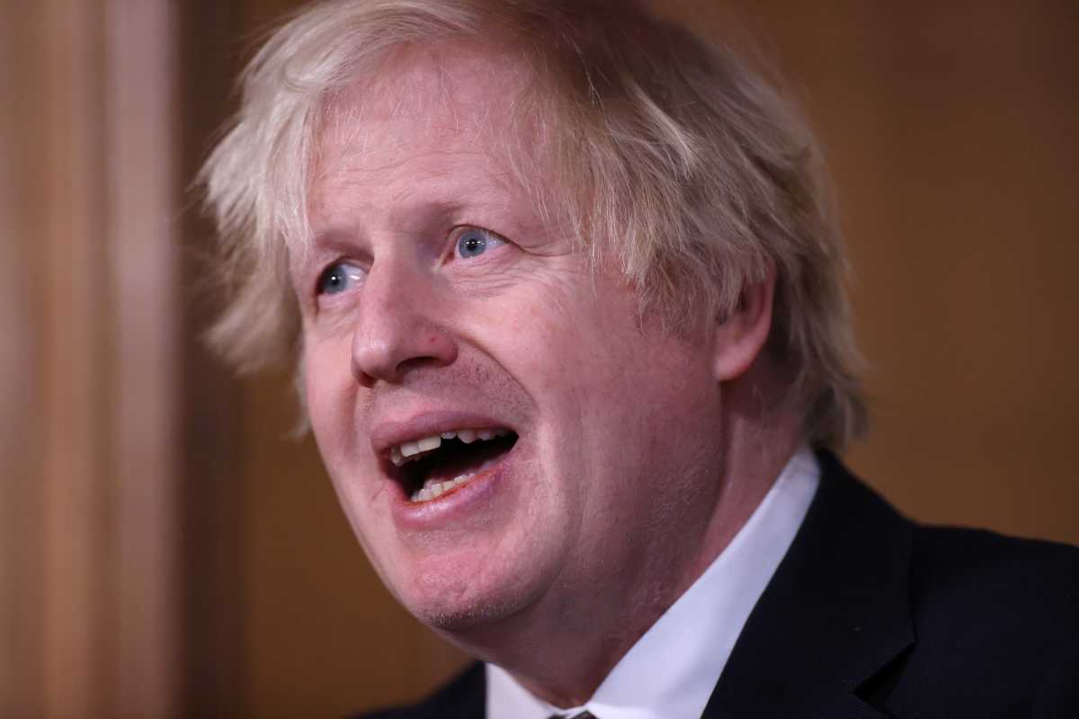 Britain's Prime Minister Boris Johnson holds a virtual news conference at 10 Downing Street, amid the coronavirus disease (COVID-19) outbreak, in London, Britain, March 8, 2021. REUTERS