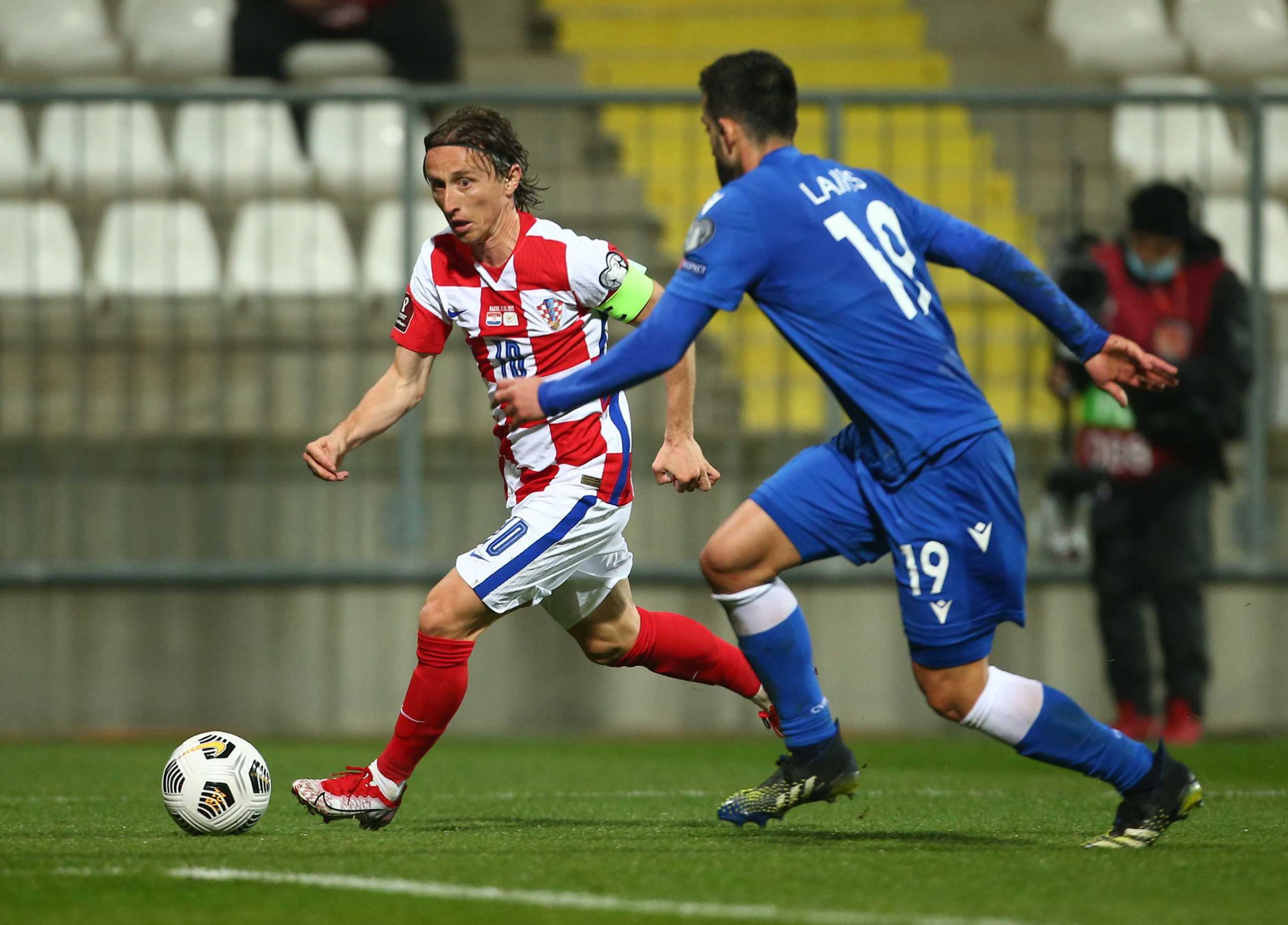 Soccer Football - World Cup Qualifiers Europe - Group H - Croatia v Cyprus - HNK Rijeka, Rijeka, Croatia - March 27, 2021 Croatia's Luka Modric in action with Cyprus' Konstantinos Laifis REUTERS