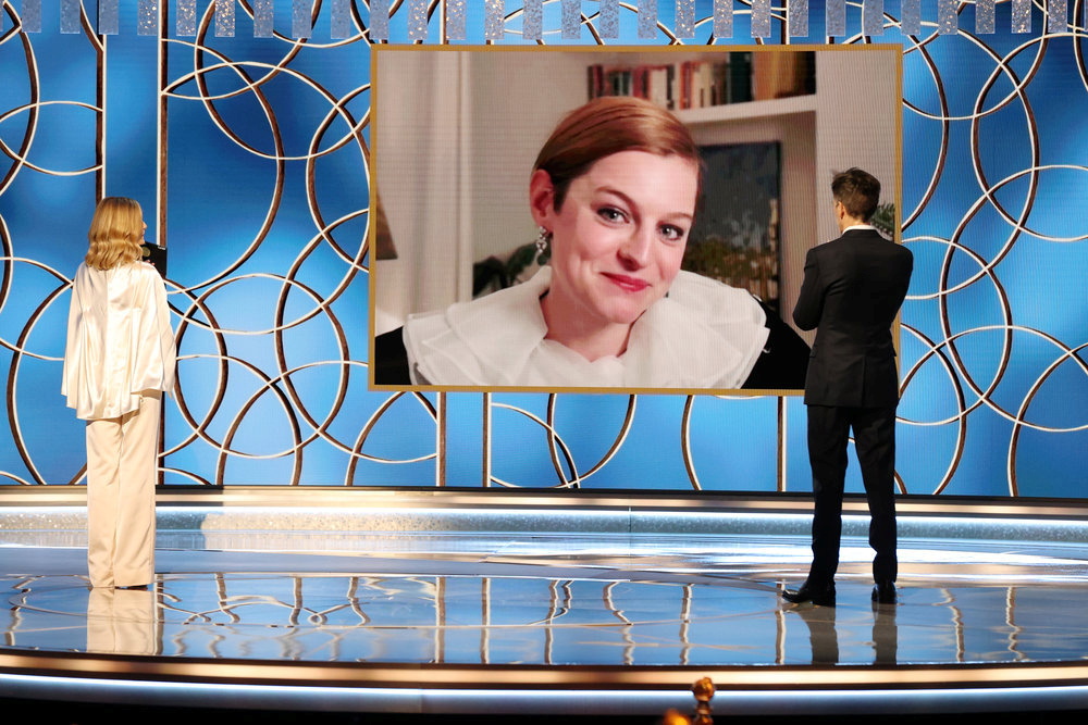 Emma Corrin accepts the Best Television Actress - Drama Series award for "The Crown," via video, from Kyra Sedgwick and Kevin Bacon in this handout photo from the 78th Annual Golden Globe Awards in Beverly Hills, California, U.S., February 28, 2021. Christopher Polk