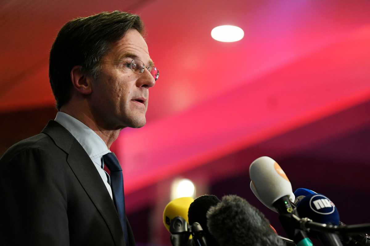 Dutch Prime Minister Mark Rutte reacts to the exit polls in the Netherlands' general election in The Hague, Netherlands, March 17, 2021. REUTERS